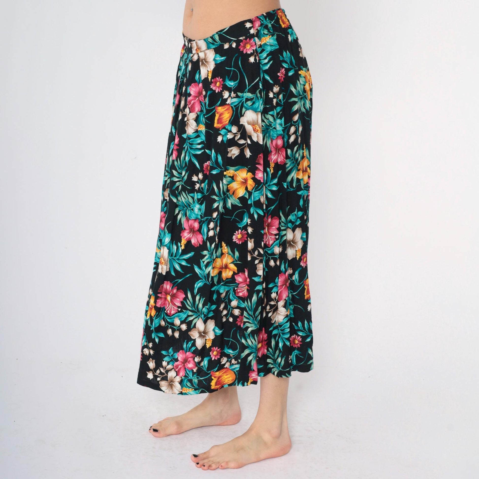 90s Tropical Floral Midi Skirt Black Rayon High Waist Large L
