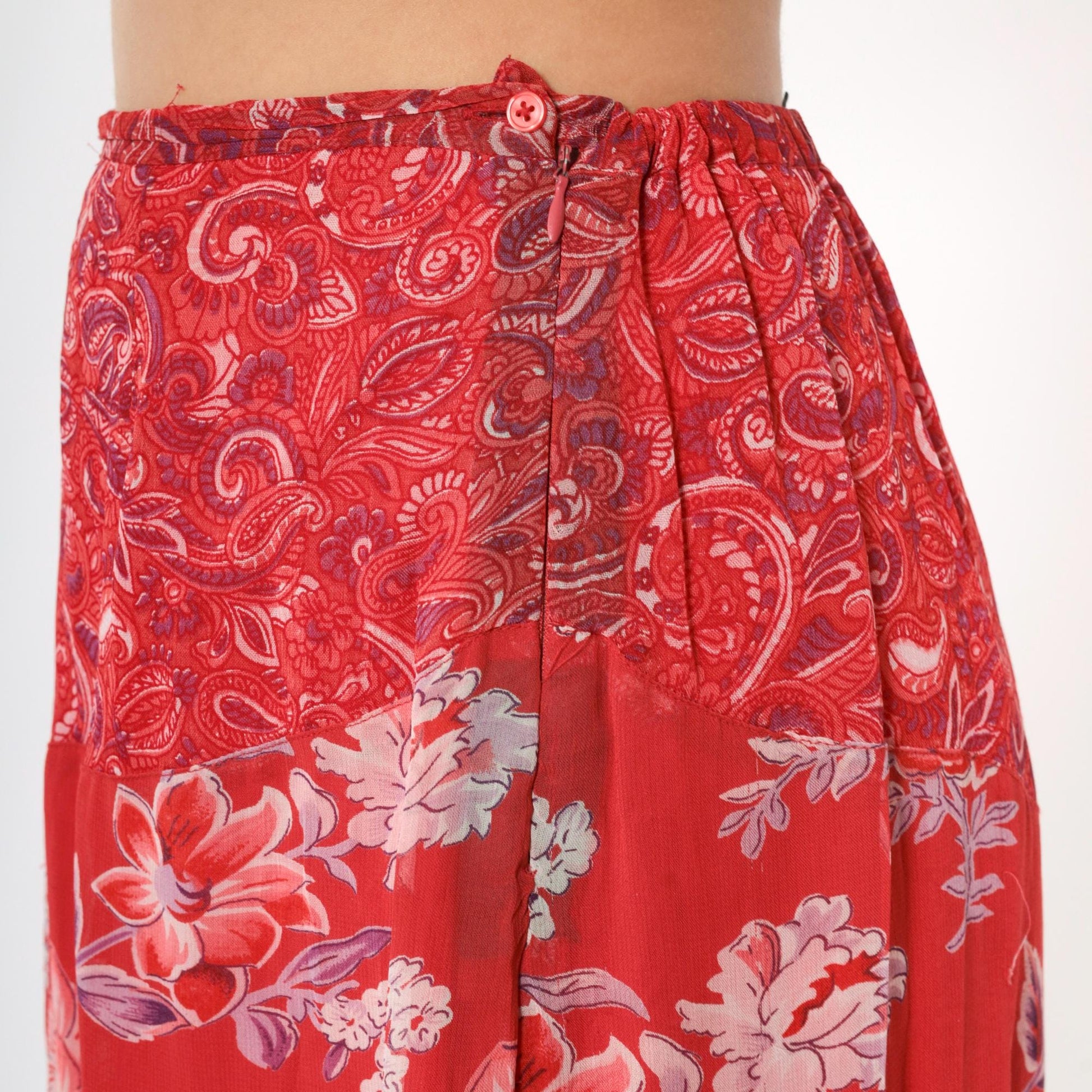 90s Red Floral Paisley Tiered Midi Skirt High Waist Side Zip Medium M