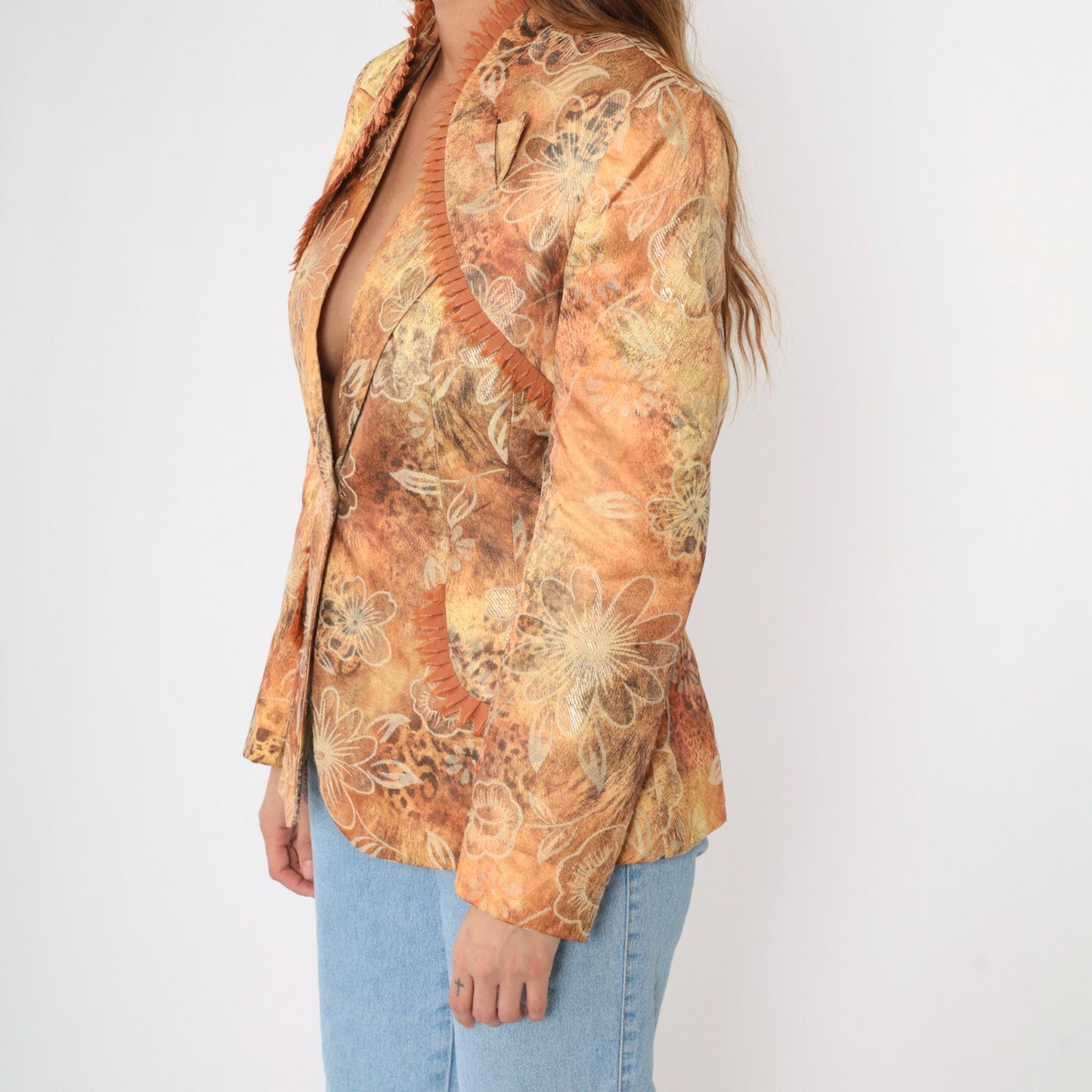 90s Floral Jacquard Blazer Leopard Print Fringe Trim Deep V Burnt Orange Small