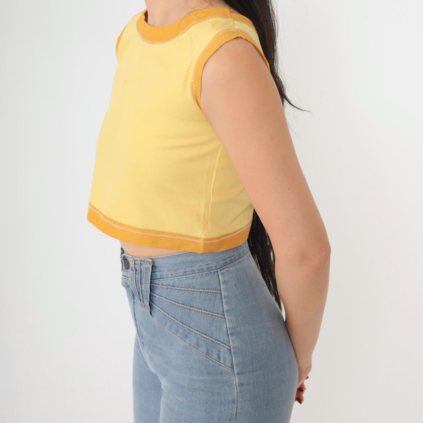 60s Yellow Ringer Crop Tank Top Sleeveless Blouse XXS