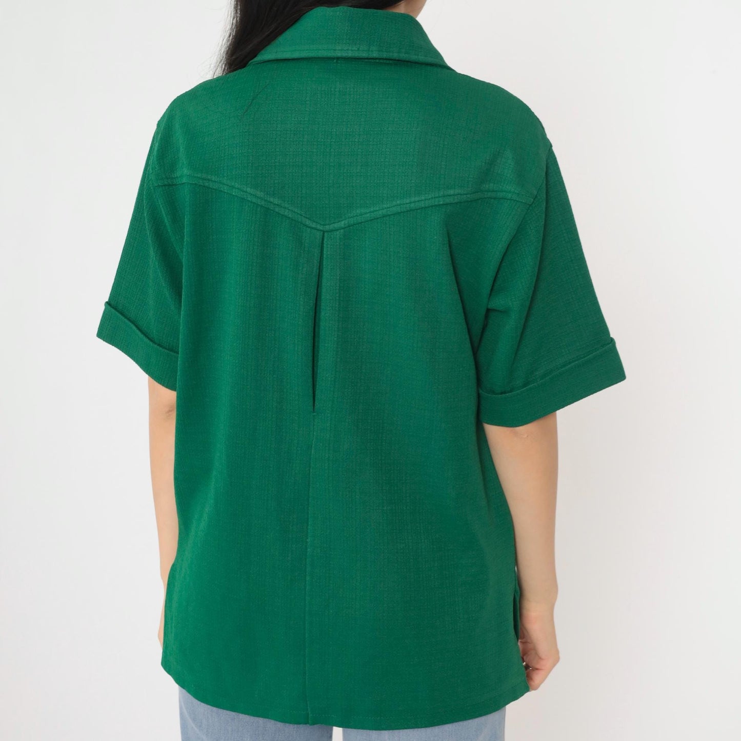 70s Green Button-Up Shirt Dagger Collar Short Sleeve Men's Medium