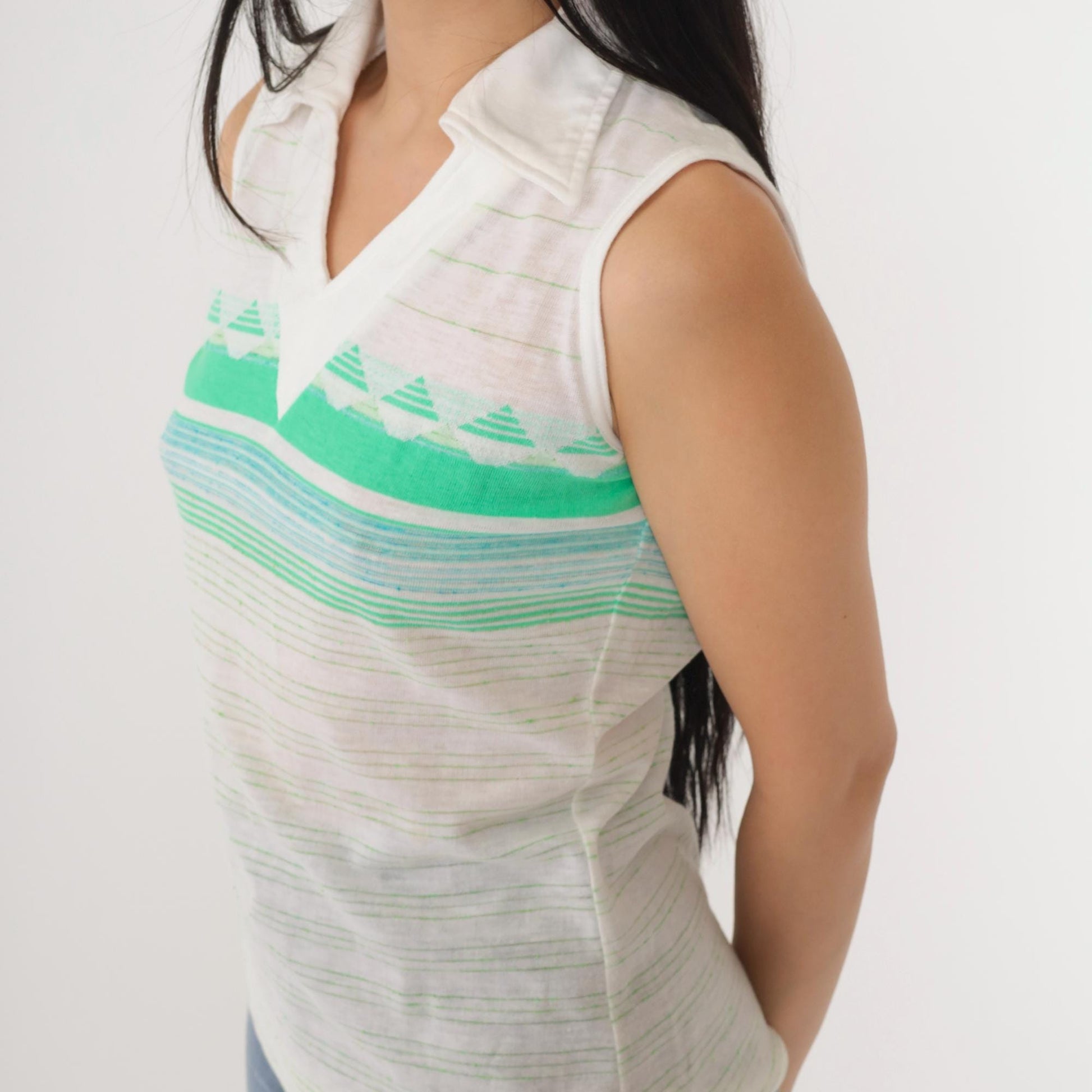 70s Jantzen Striped V-Neck Tank Top White Green Geometric Small