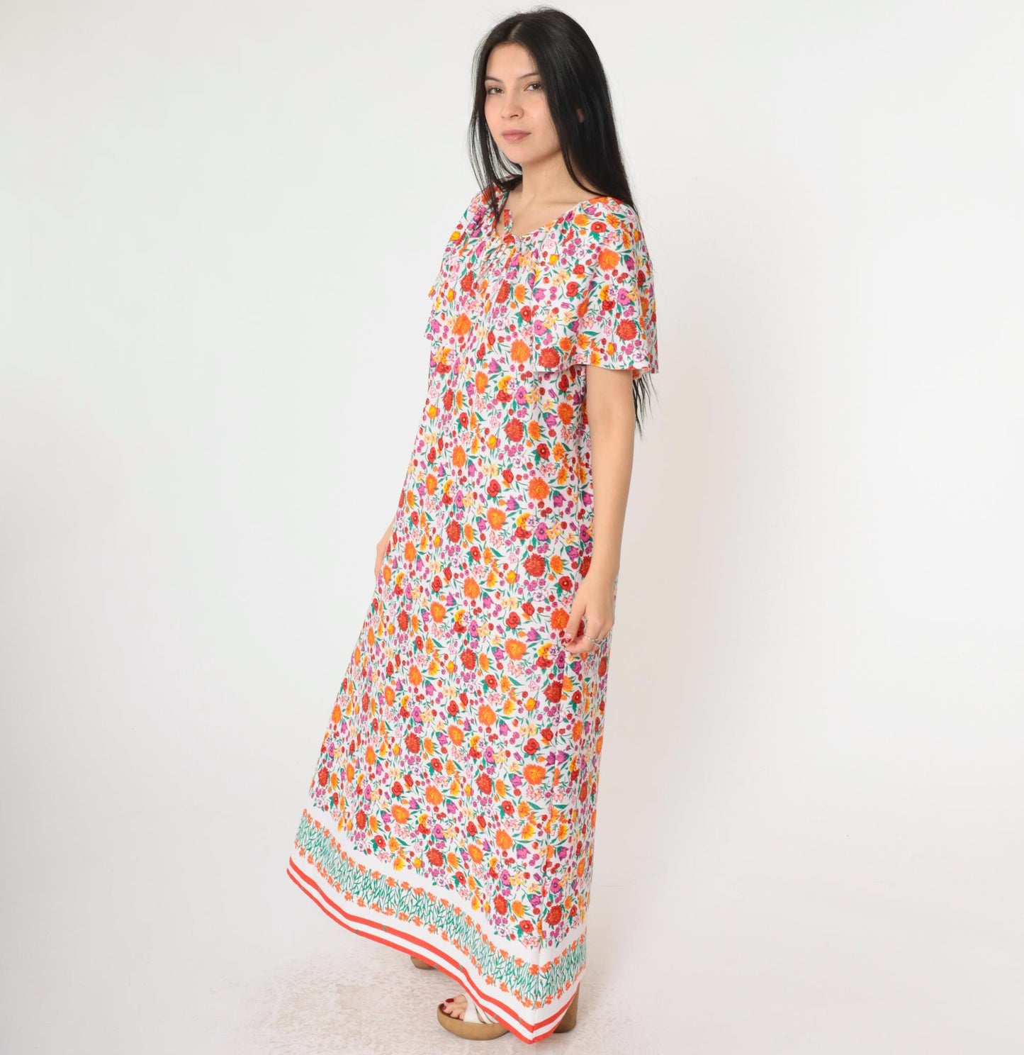 70s Floral Maxi Tent Dress Flutter Sleeve Pullover Large