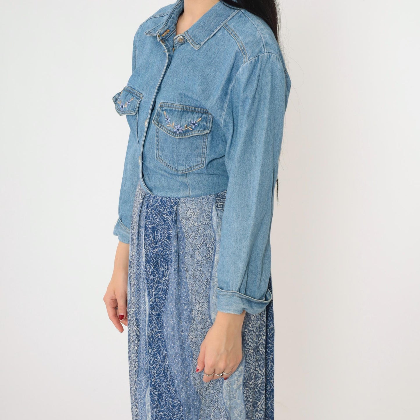 90s Nina Piccalino Denim Dress Floral Embroidered Patchwork Midi Medium
