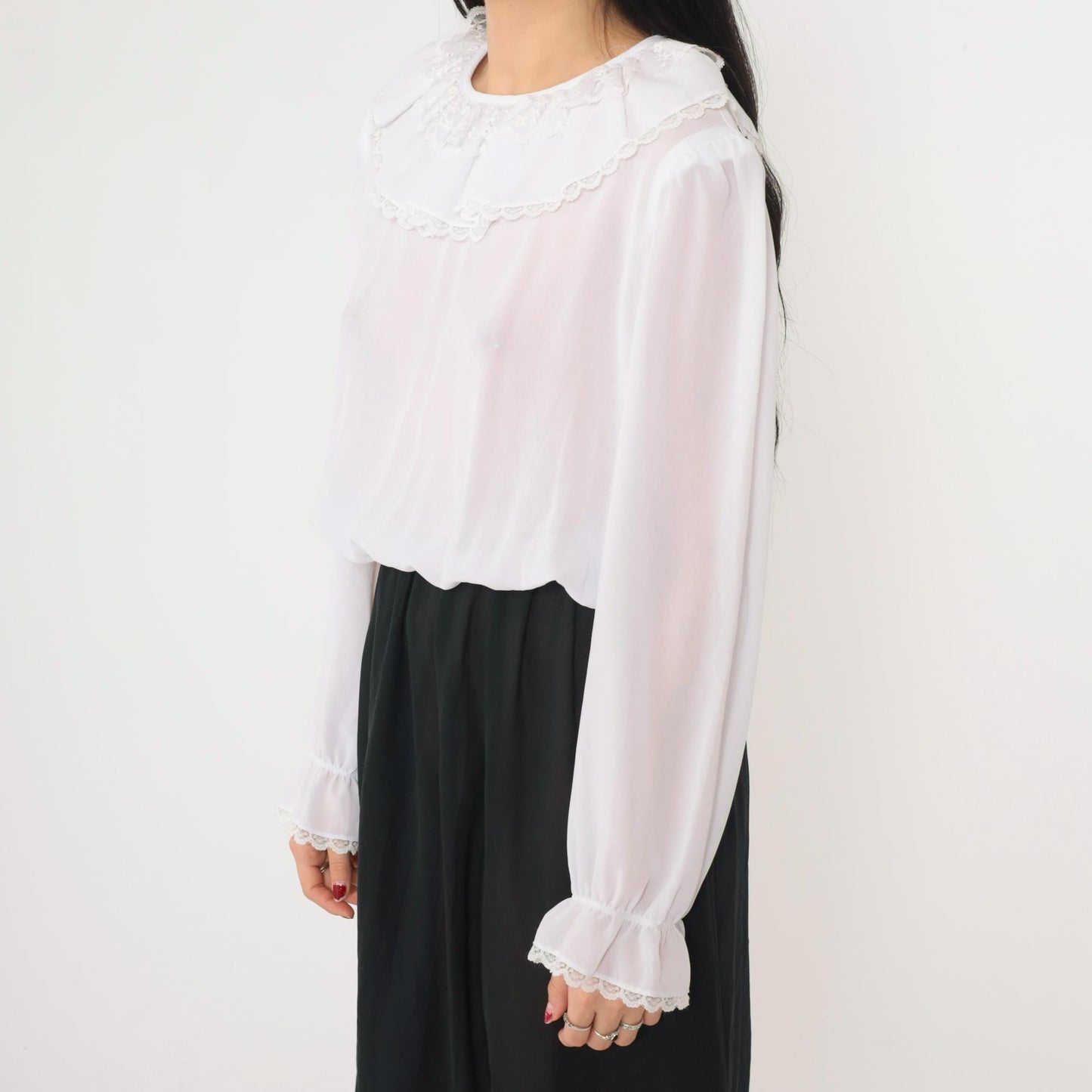 80s Susan Hlavacek Ruffled Collar Midi Dress Black White Semi-Sheer Small Medium