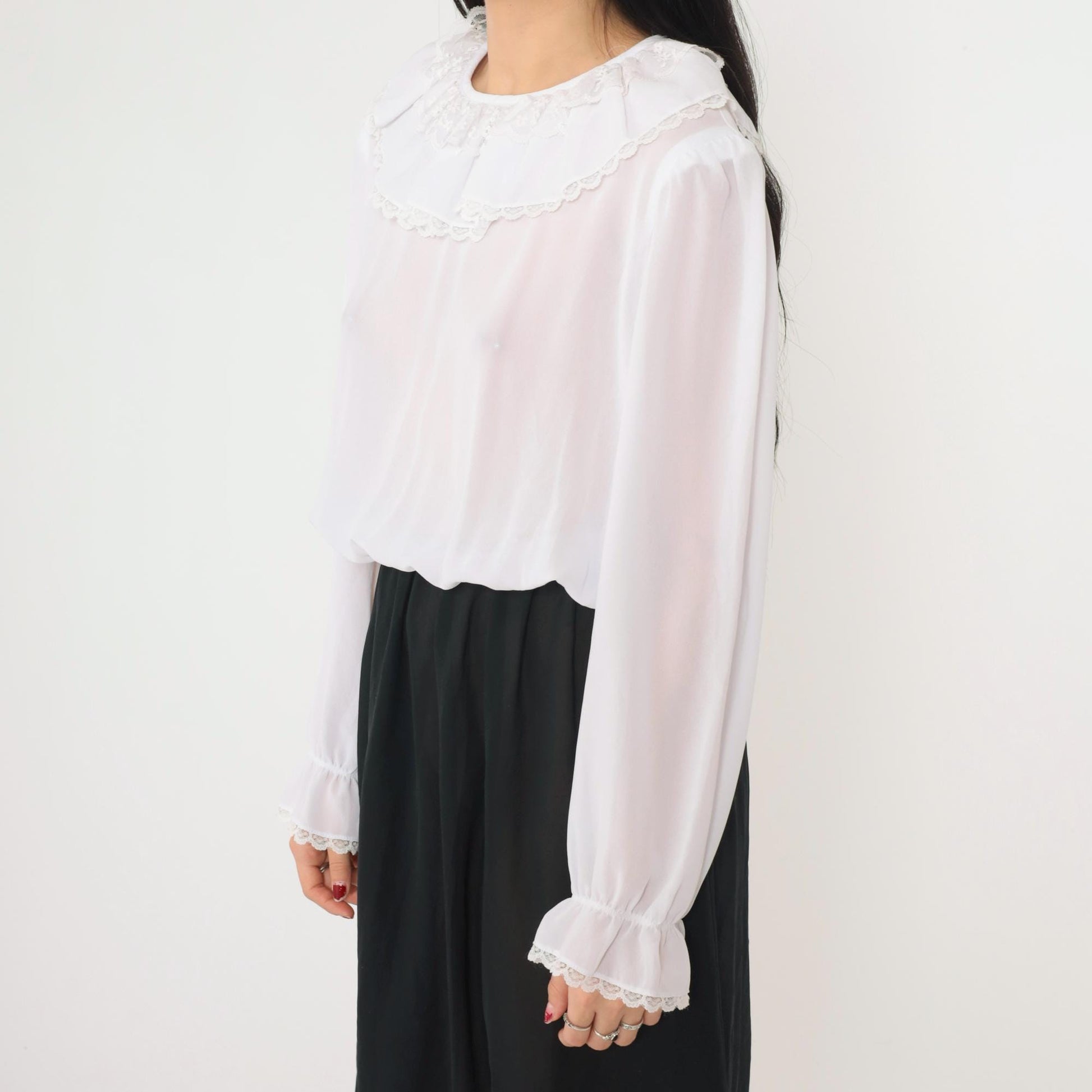 80s Susan Hlavacek Ruffled Collar Midi Dress Black White Semi-Sheer Small Medium
