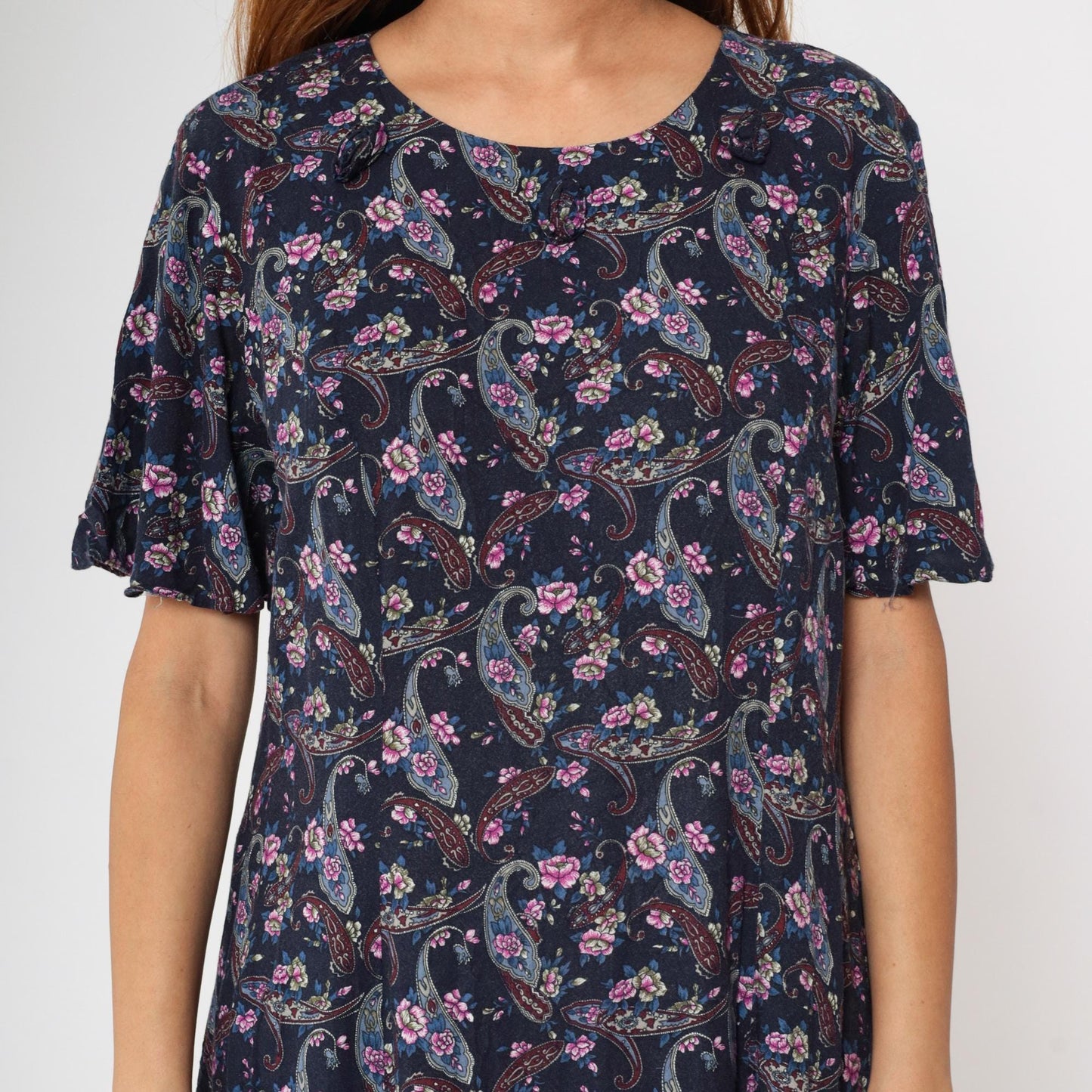 90s Kathie Lee Paisley Floral Midi Dress Dark Blue Rayon Princess Seam Medium Large