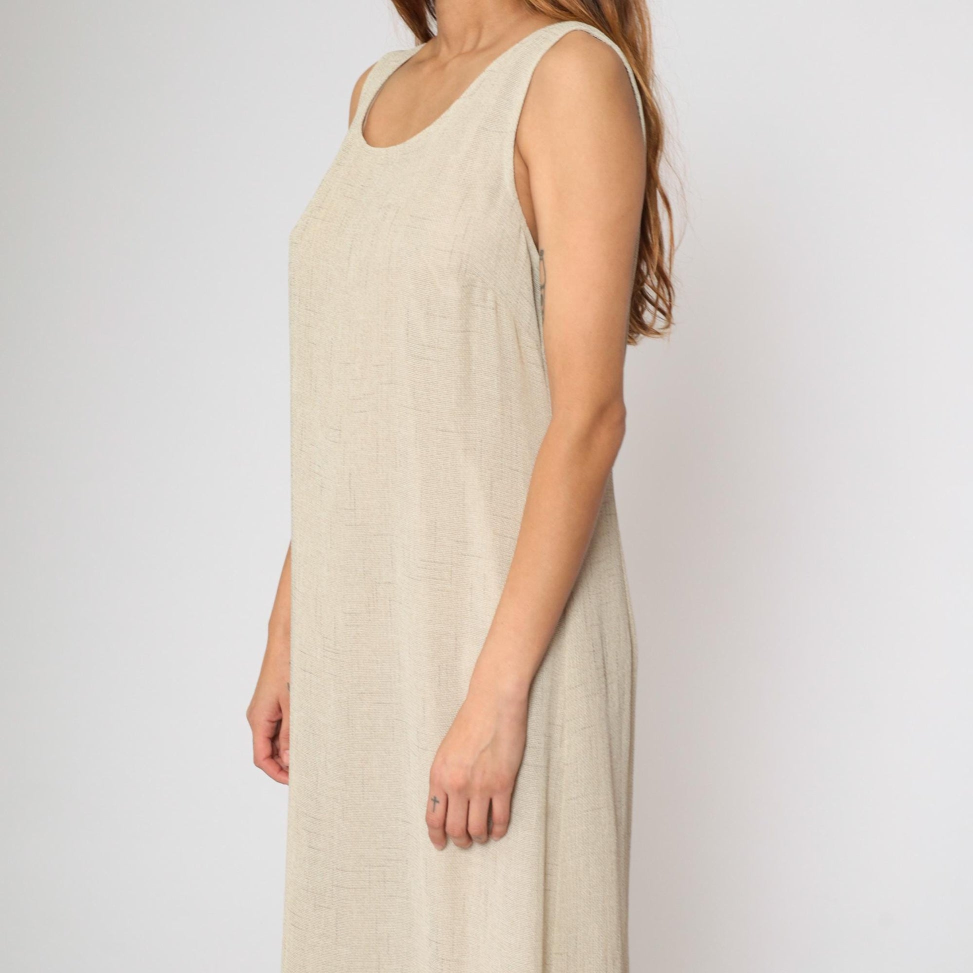 90s Dressbarn Beige Maxi Dress Sleeveless Scoop Neck Side Slit Large