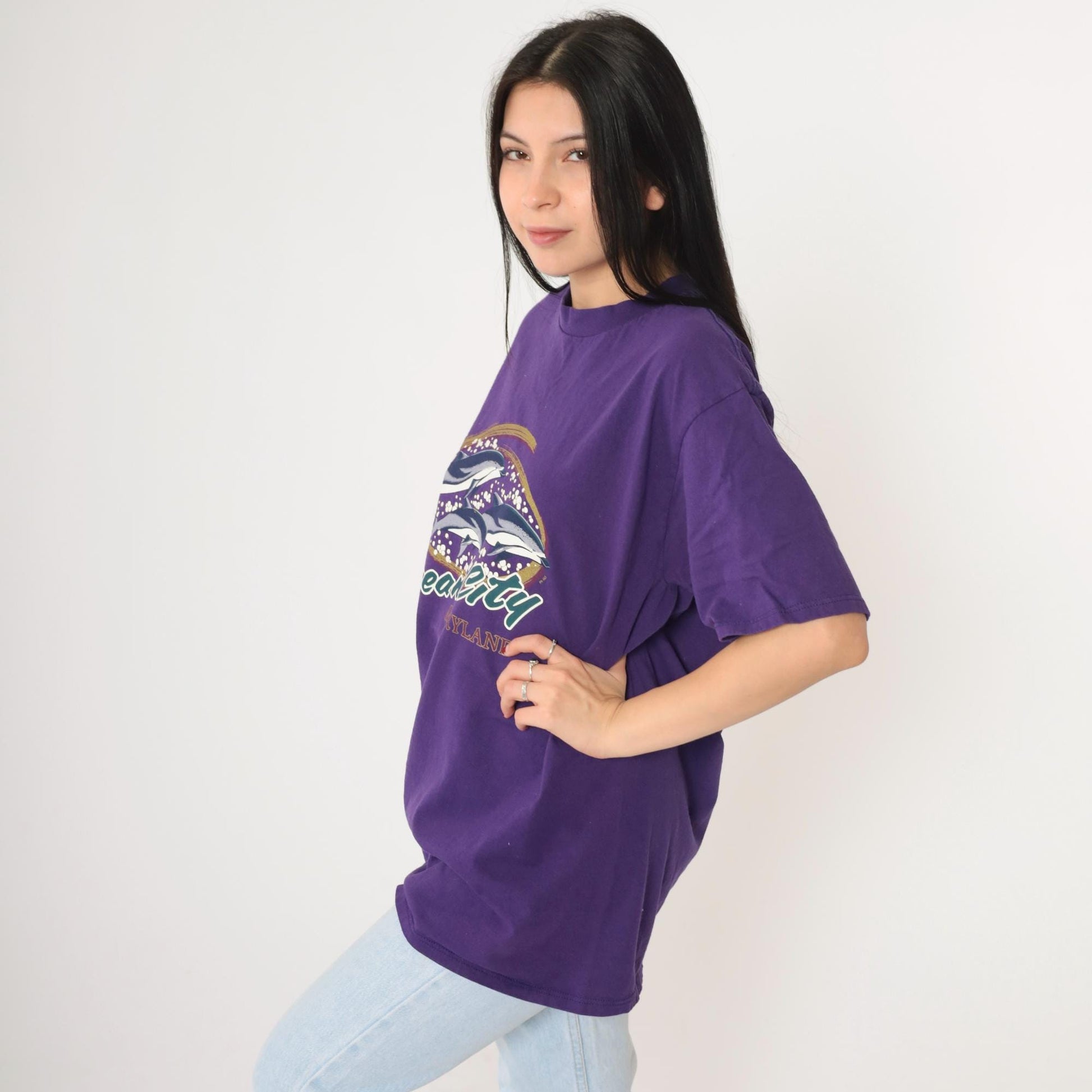 90s Ocean City Maryland Dolphin Graphic T-Shirt Purple Large