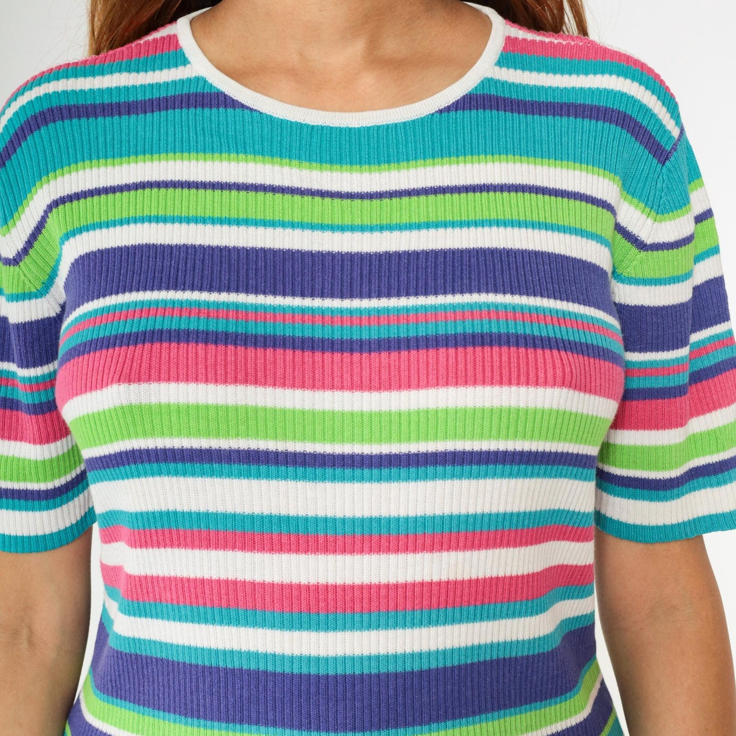 90s Worthington Striped Ribbed Knit Top Short Sleeve Pink Purple Blue Large L