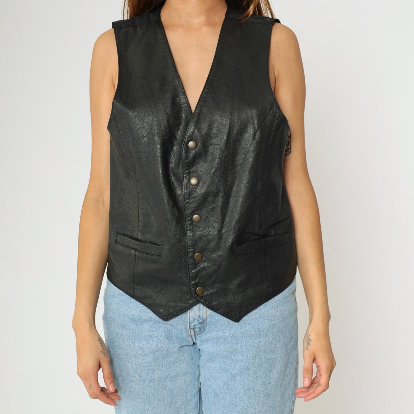 90s Wilsons Leather Black Biker Vest Snap Front Sleeveless Extra Small
