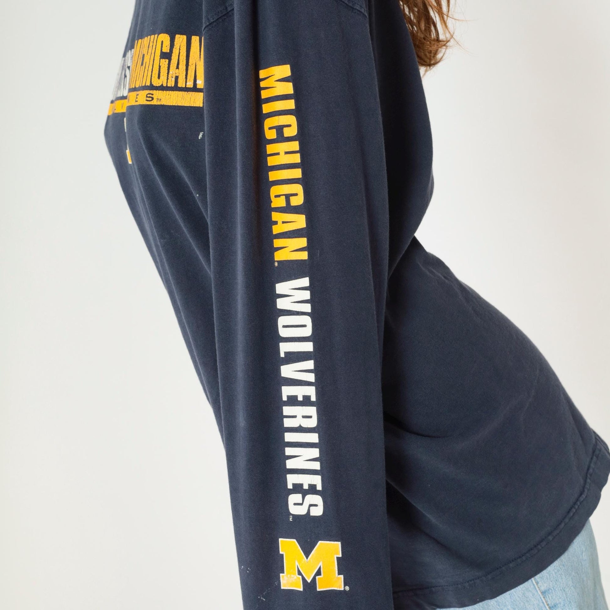 Y2K Michigan Wolverines Graphic Long Sleeve Tee Navy Paint Splatter Large
