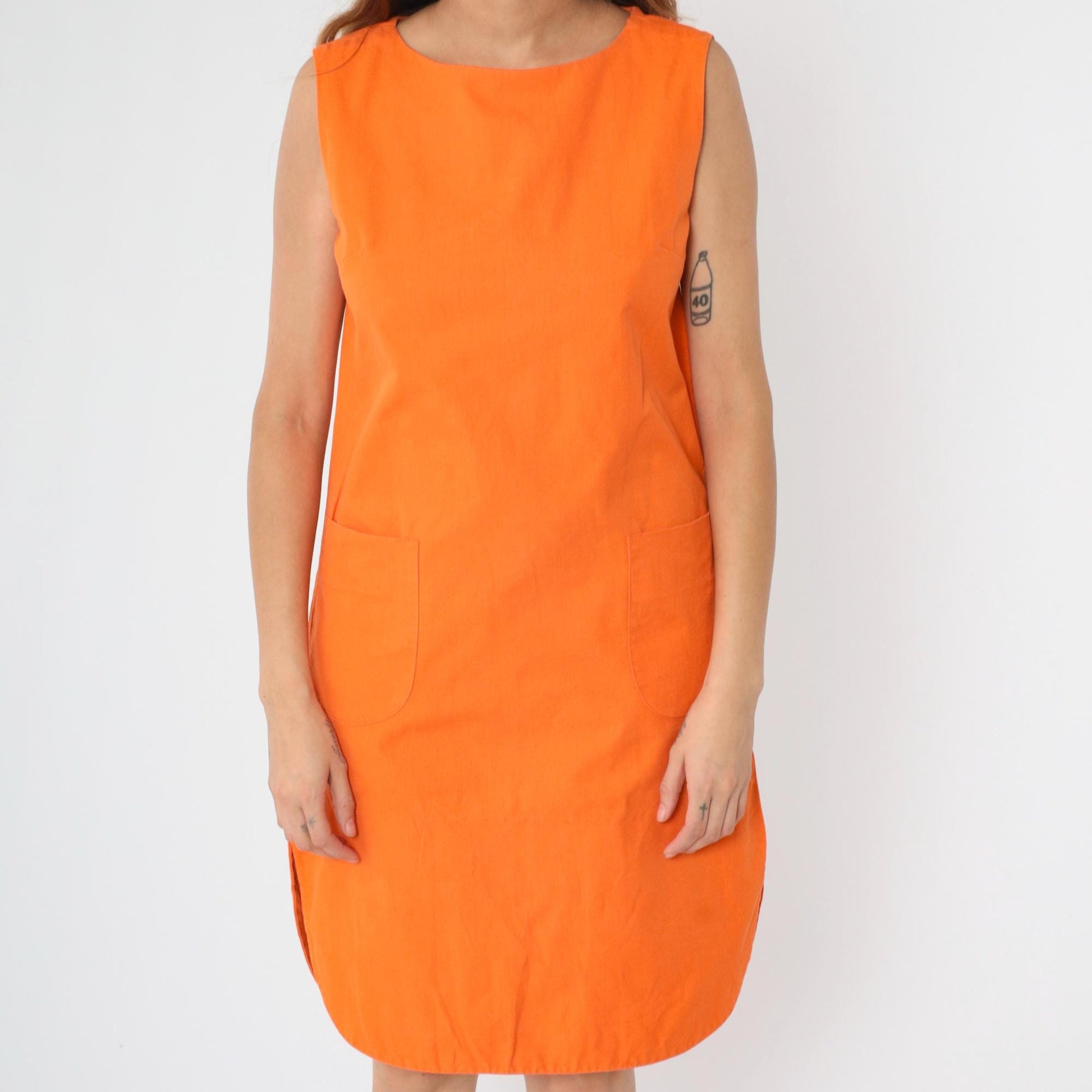 60s Mod Orange Shift Dress Sleeveless Pockets Curved Hem Small Medium