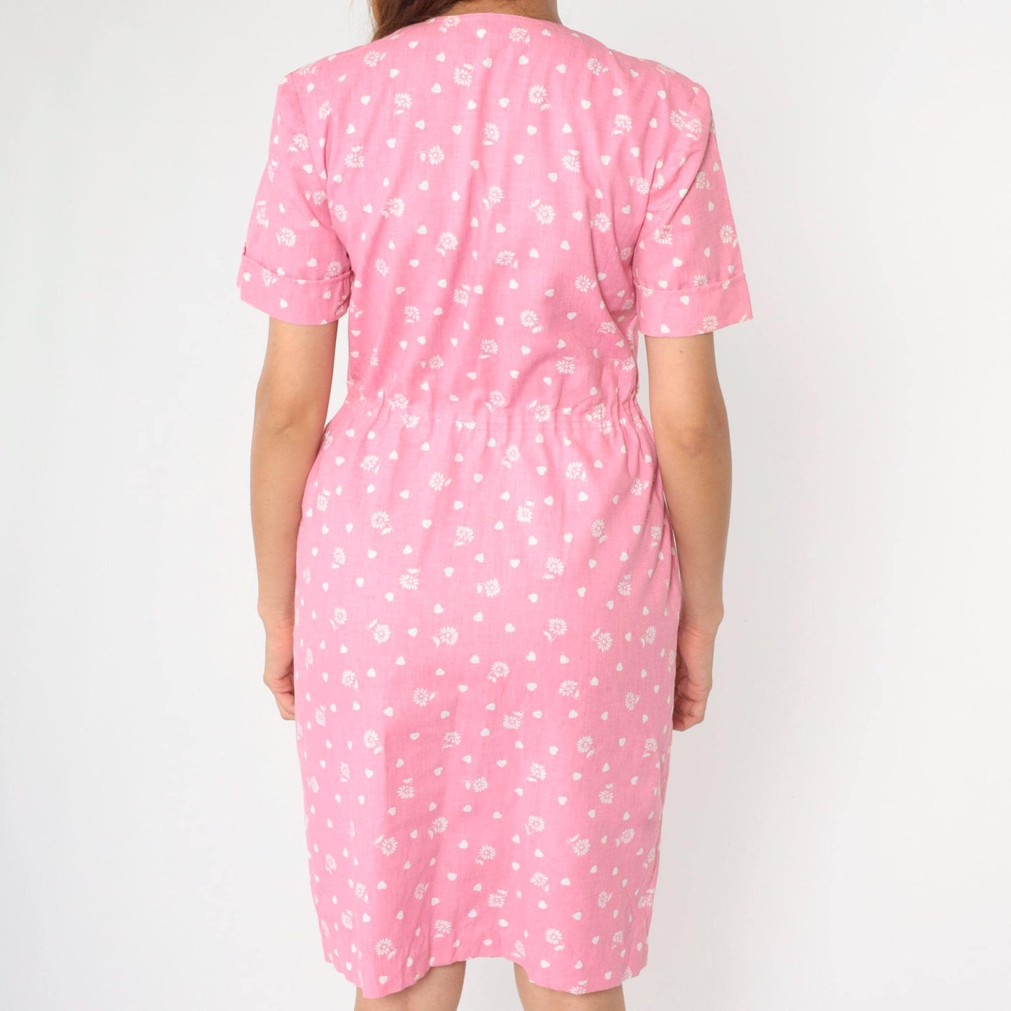 80s Pink Floral Heart Print Shirtdress Button-Up Knee-Length Small