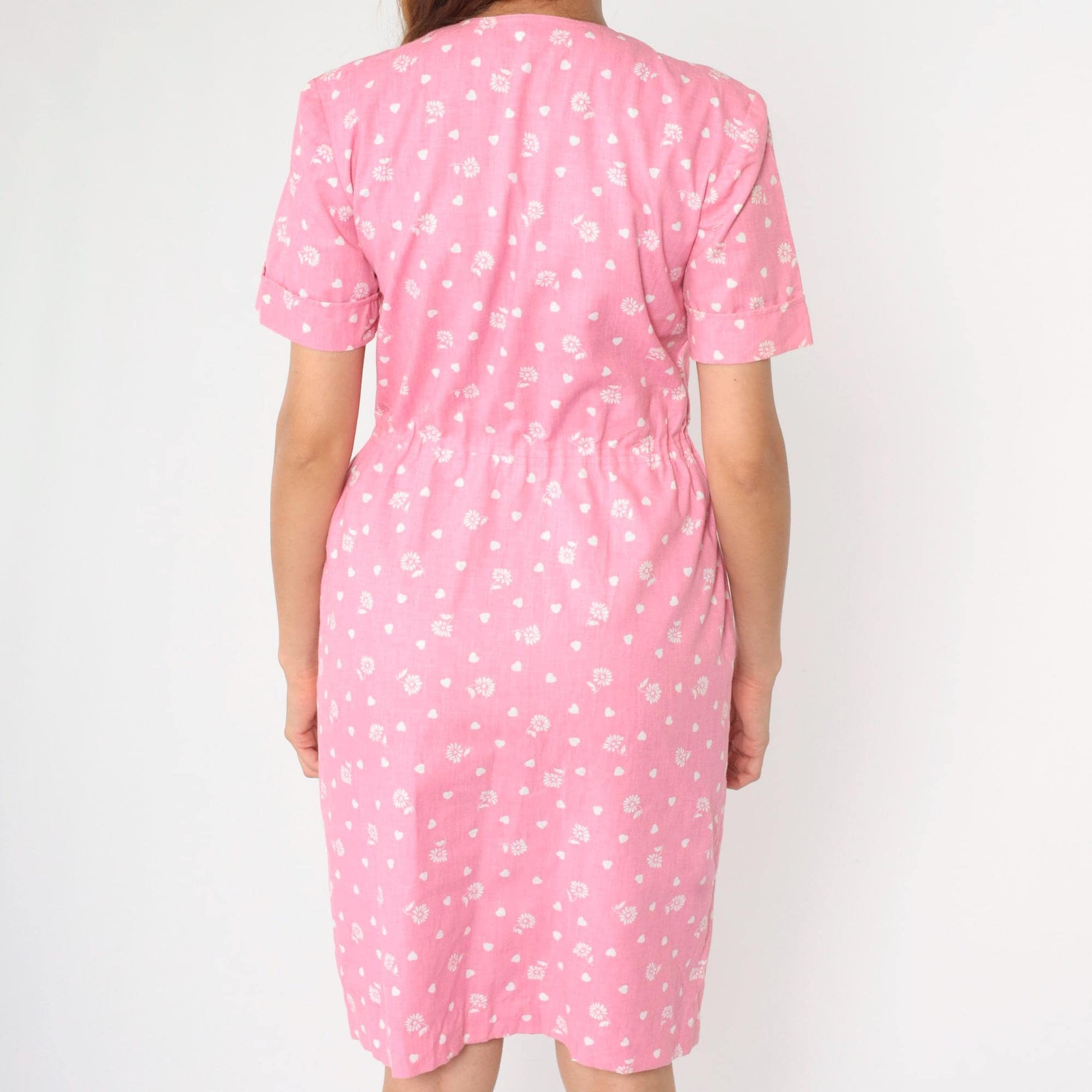 80s Pink Floral Heart Print Shirtdress Button-Up Knee-Length Small