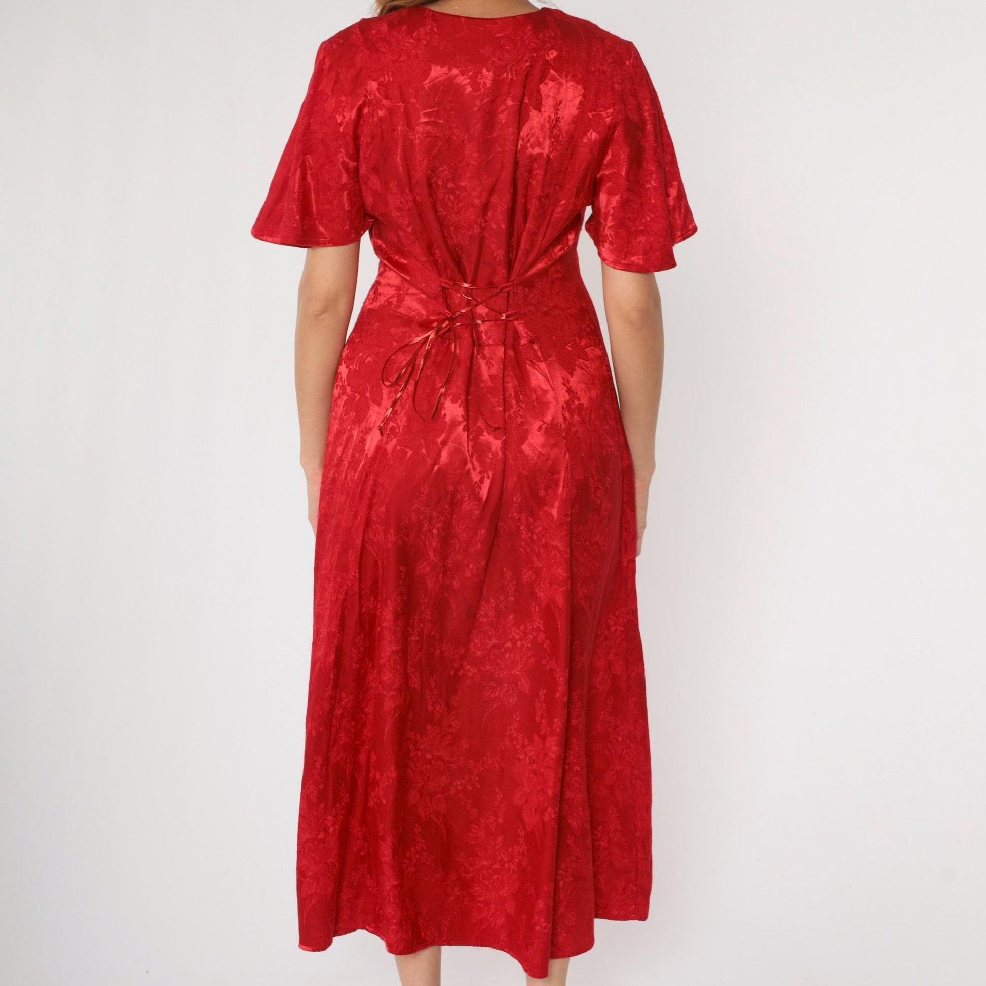 90s Olivia Rose Red Floral Embossed Midi Dress Flutter Sleeve Medium