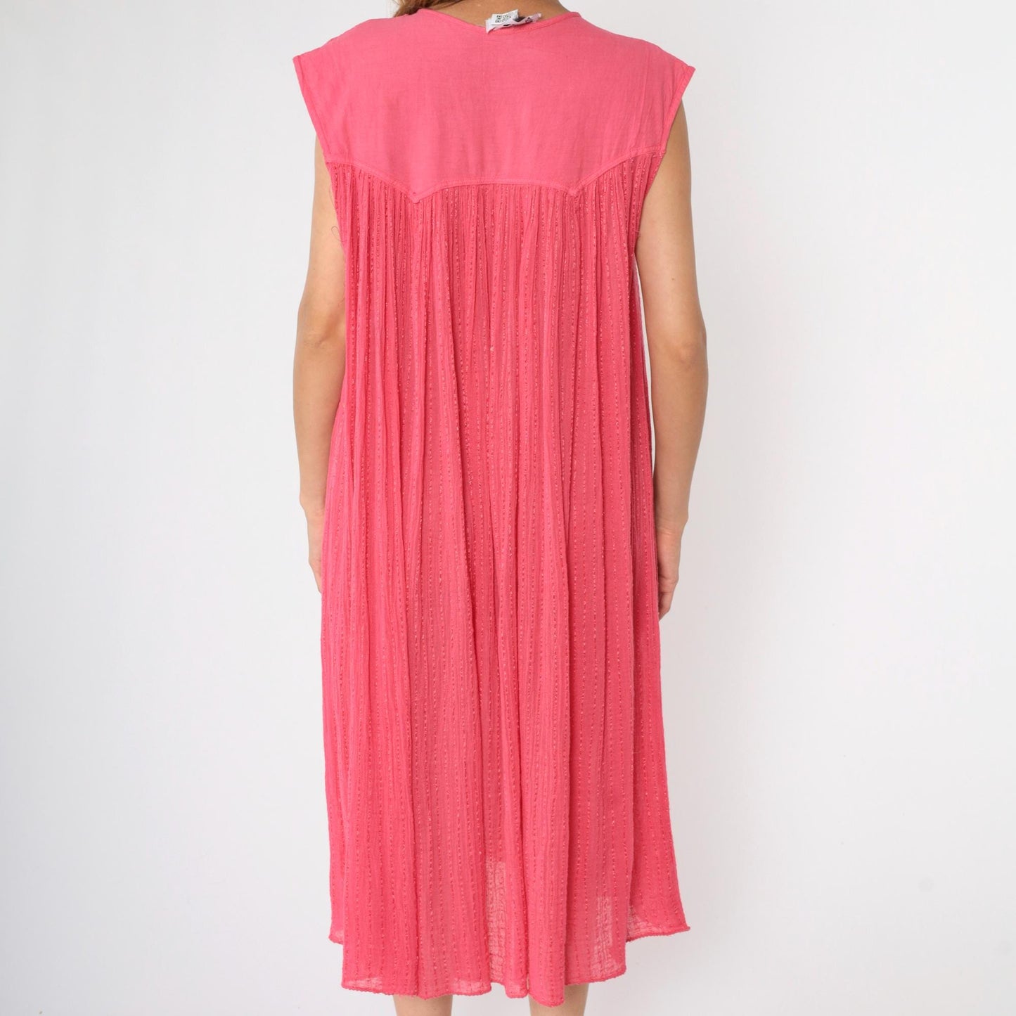 80s Pink Gauze Trapeze Dress Floral Embroidered Sleeveless Midi One Size