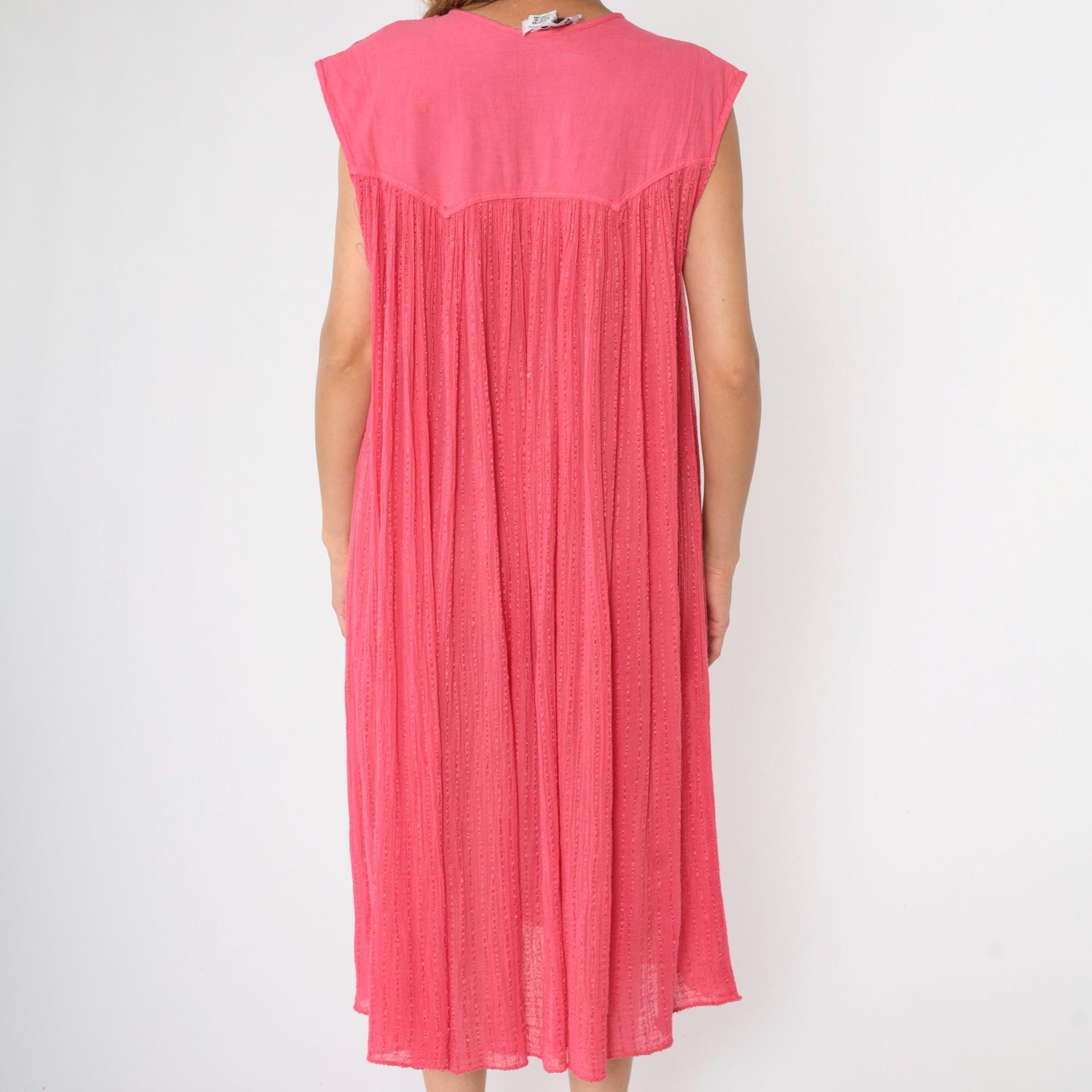 80s Pink Gauze Trapeze Dress Floral Embroidered Sleeveless Midi One Size