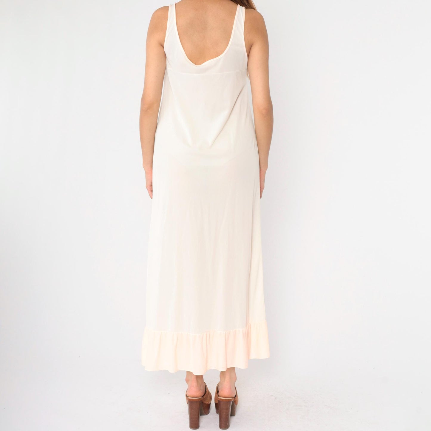 70s Peach Nylon Slip Dress Maxi Keyhole Empire Waist Small Medium
