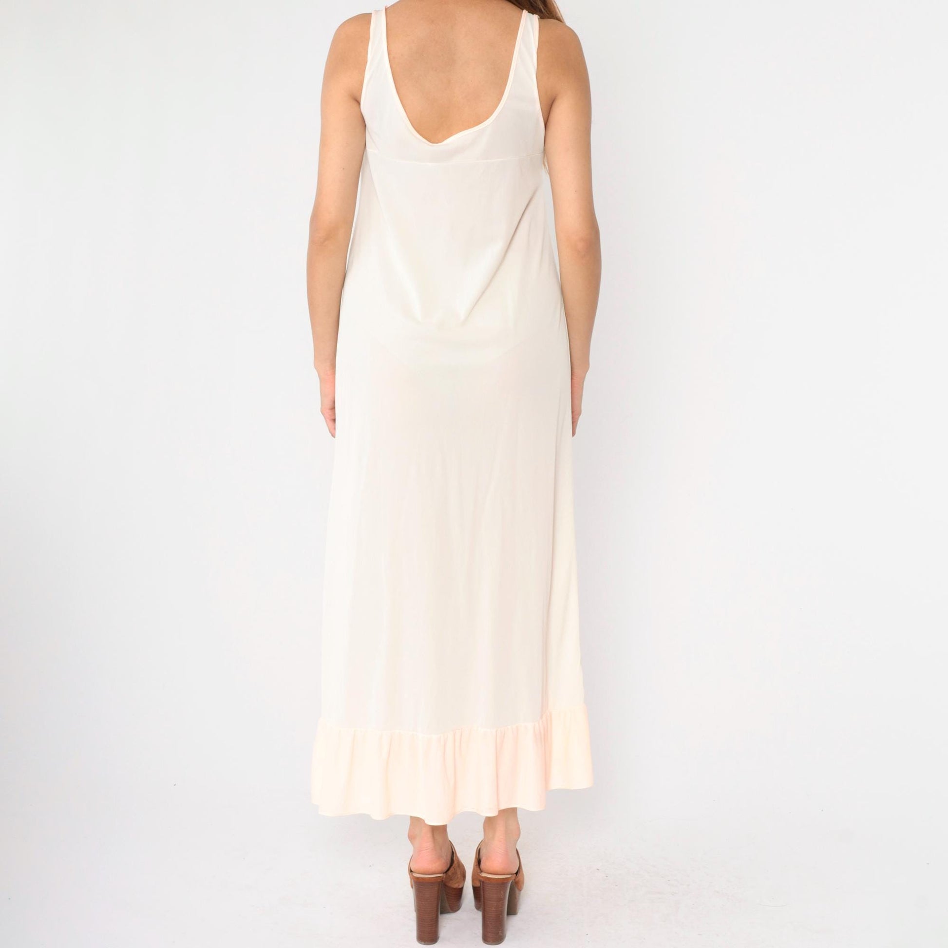 70s Peach Nylon Slip Dress Maxi Keyhole Empire Waist Small Medium