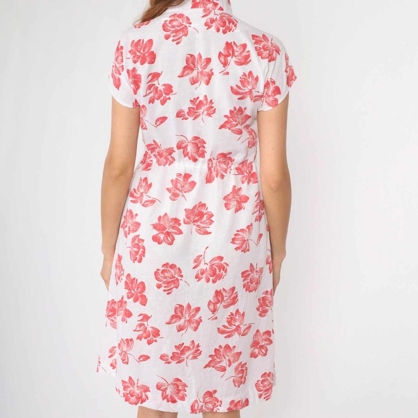 70s Red Floral White Midi Dress High Neck Bow Cap Sleeve Small