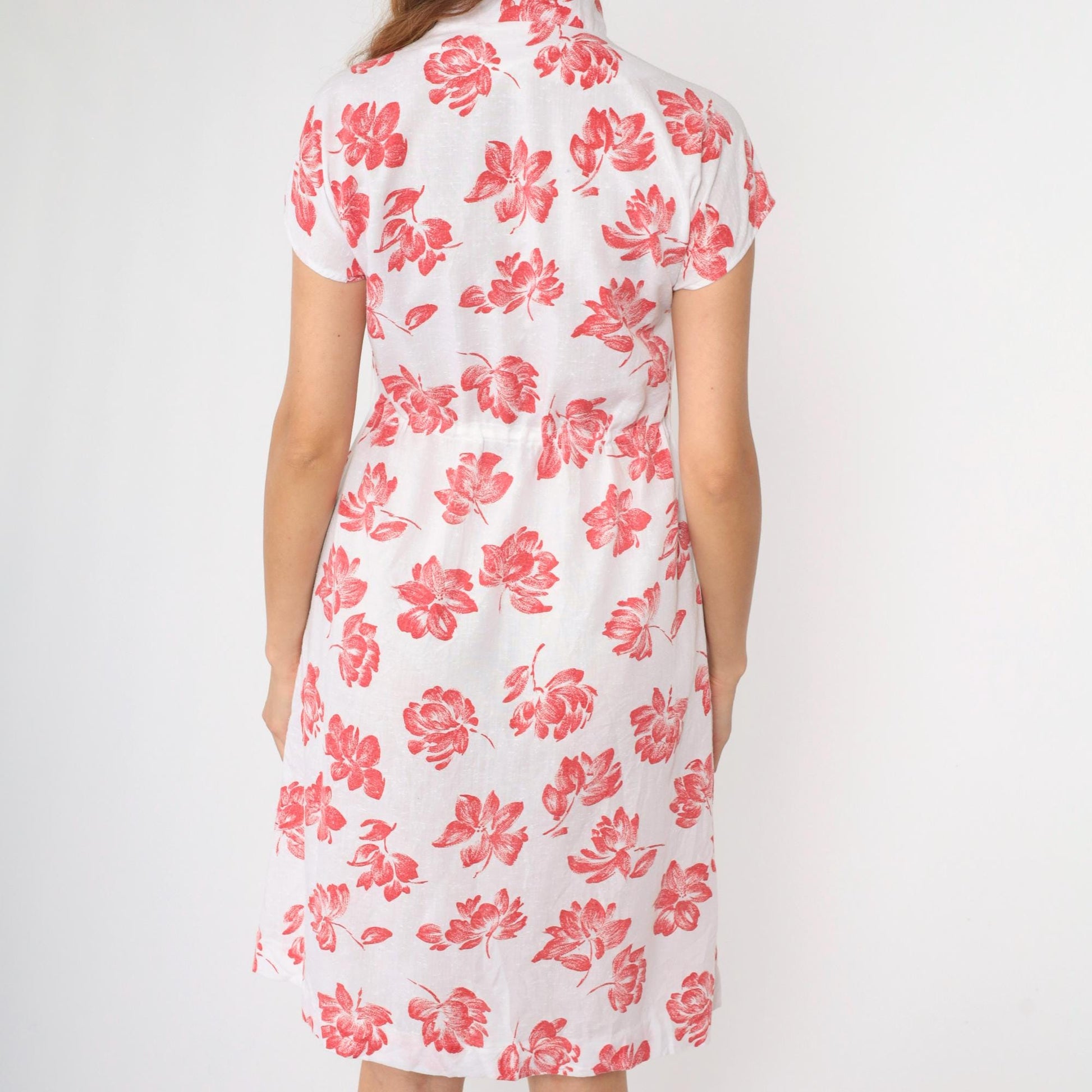 70s Red Floral White Midi Dress High Neck Bow Cap Sleeve Small