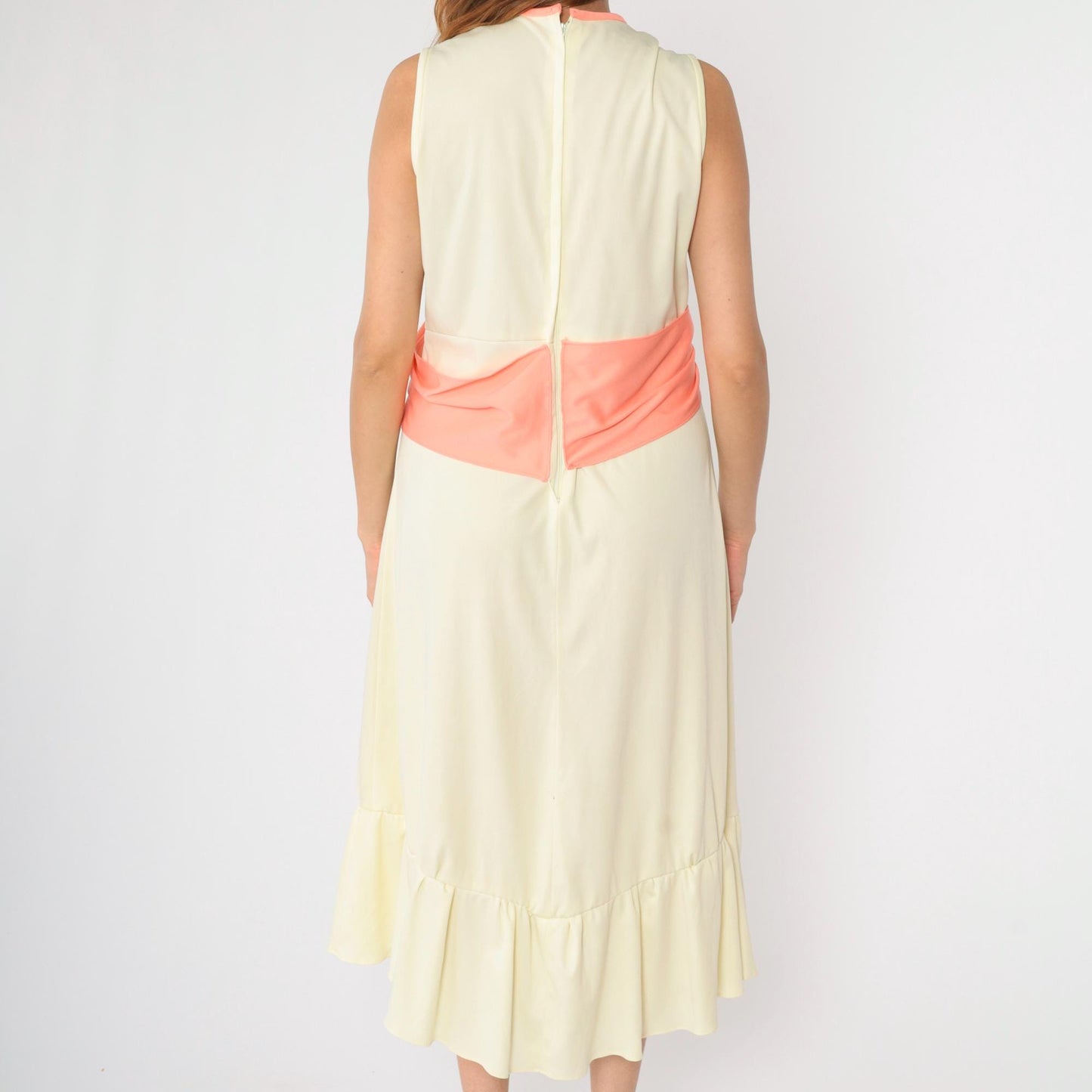 70s Cream Grecian Midi Dress V-Neck Empire Waist Flounce Sleeveless Large L