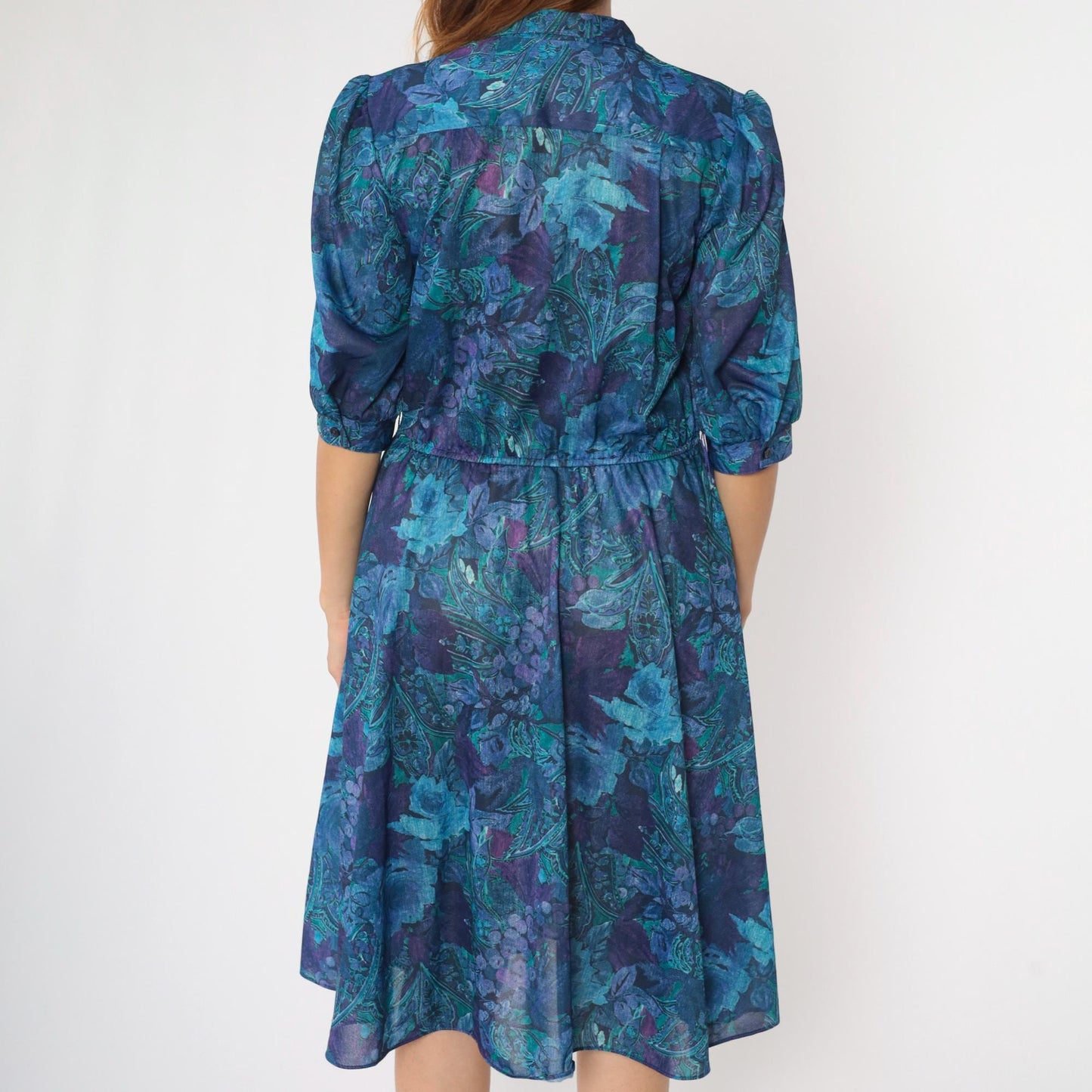 80s Paisley Grape Print Midi Shirtdress Puff Sleeve High Waist Button Up Small Medium