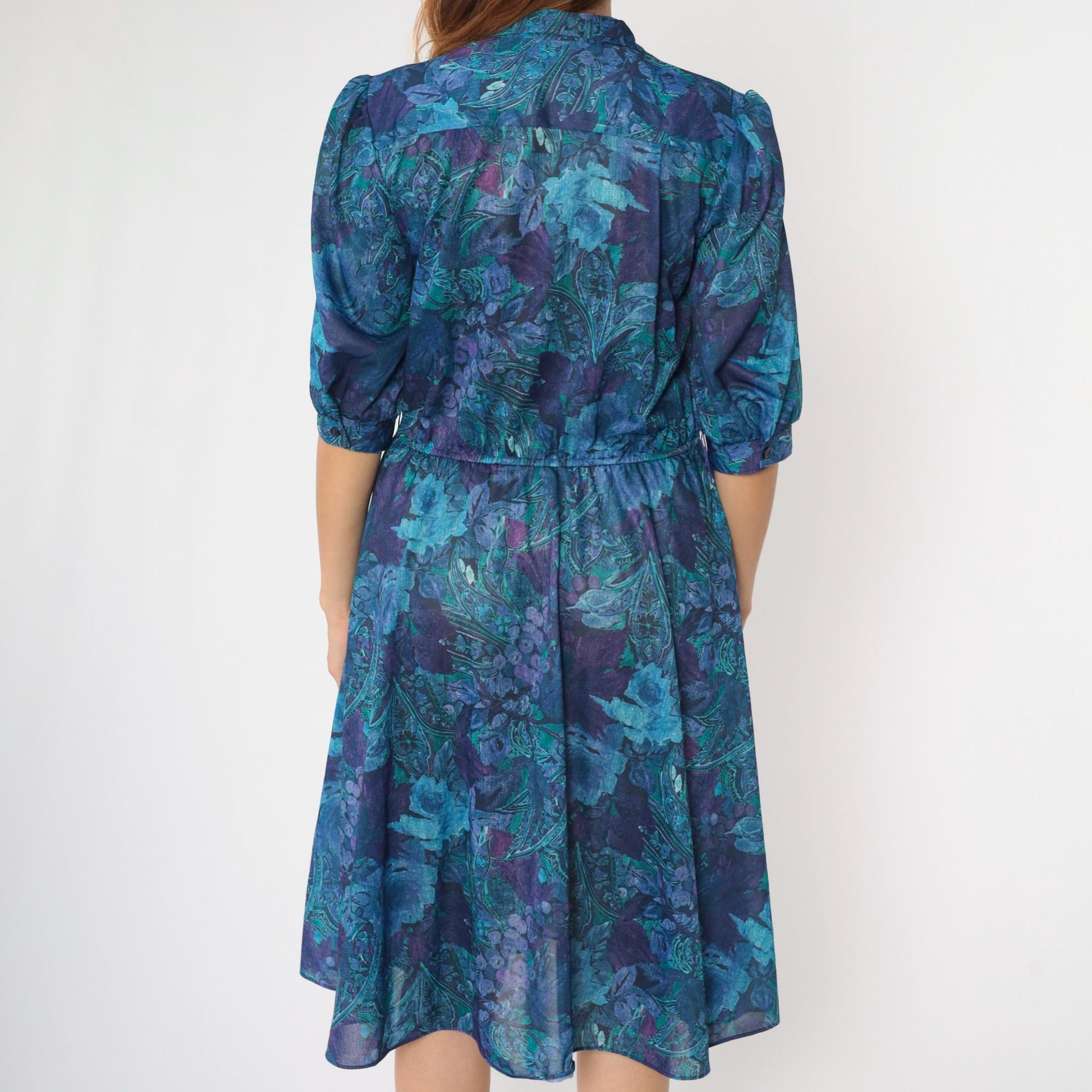 80s Paisley Grape Print Midi Shirtdress Puff Sleeve High Waist Button Up Small Medium