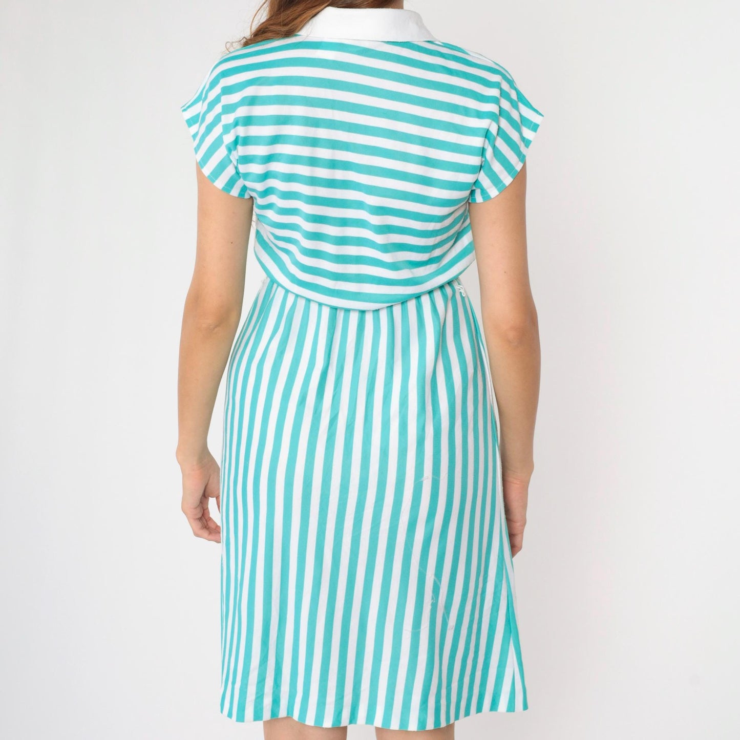80s Mari Lynn Striped Shirt Dress Blue White Contrast Collar Cap Sleeve Small