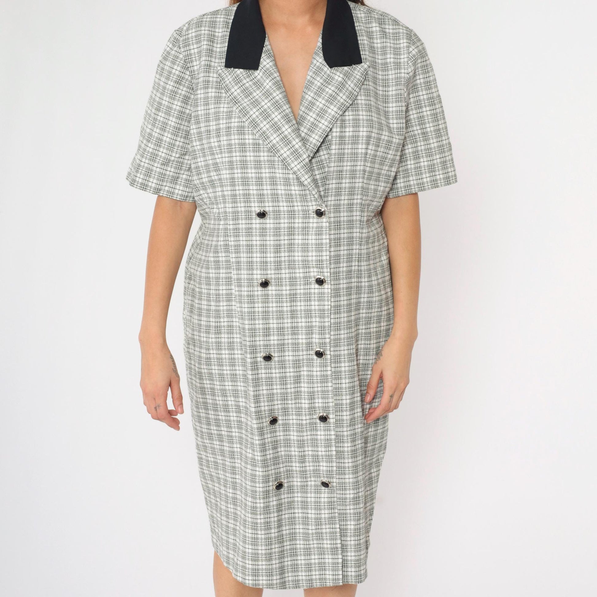 90s Black White Checkered Midi Dress Button Up Short Sleeve Extra Large XL