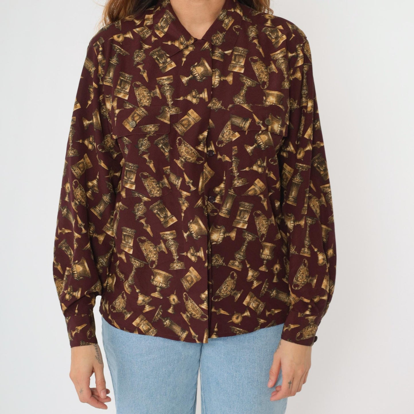 90s Jones New York Chalice Print Blouse Burgundy Gold Button Up Medium M