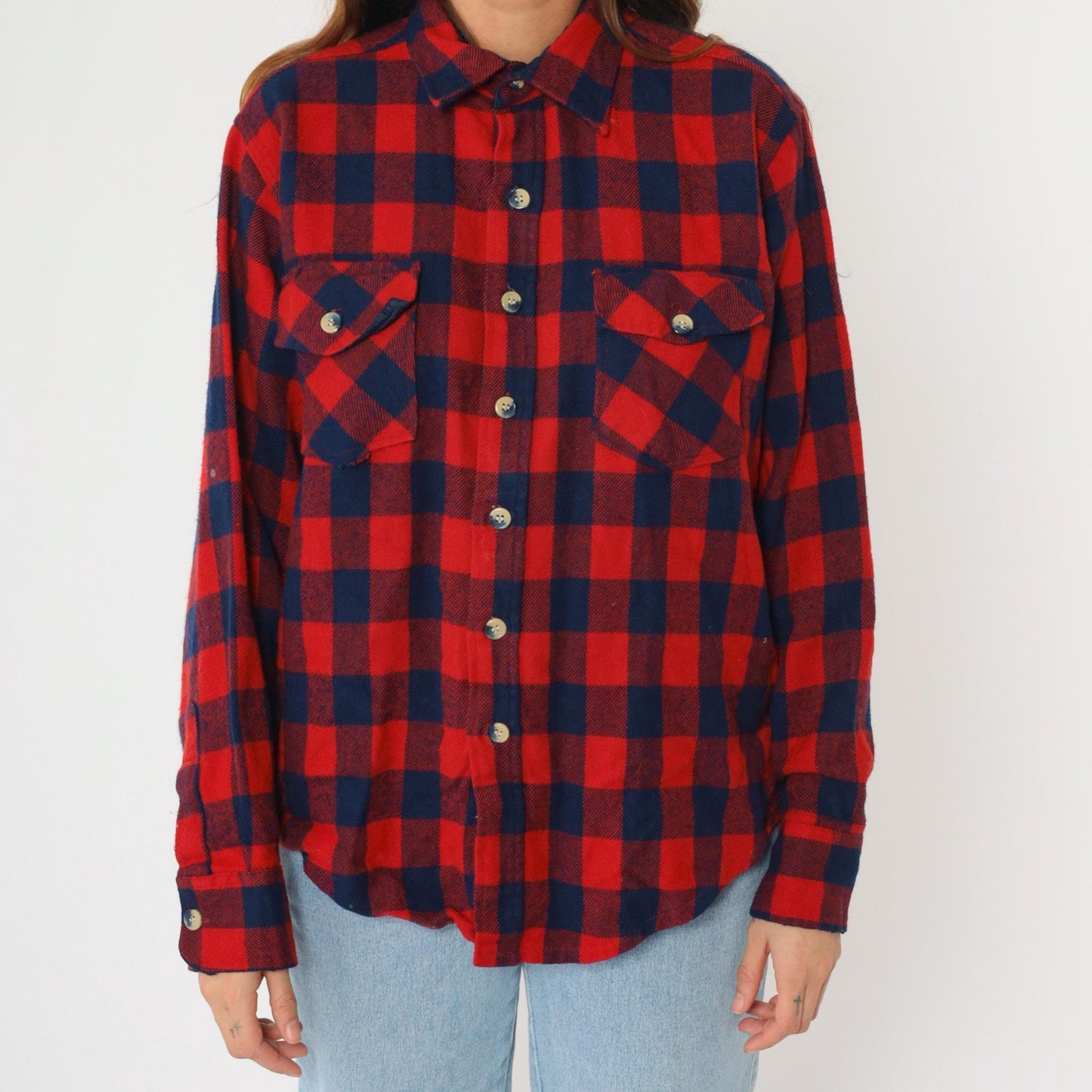 80s Buffalo Plaid Flannel Shirt Navy Red Men's Large Button Up Long Sleeve
