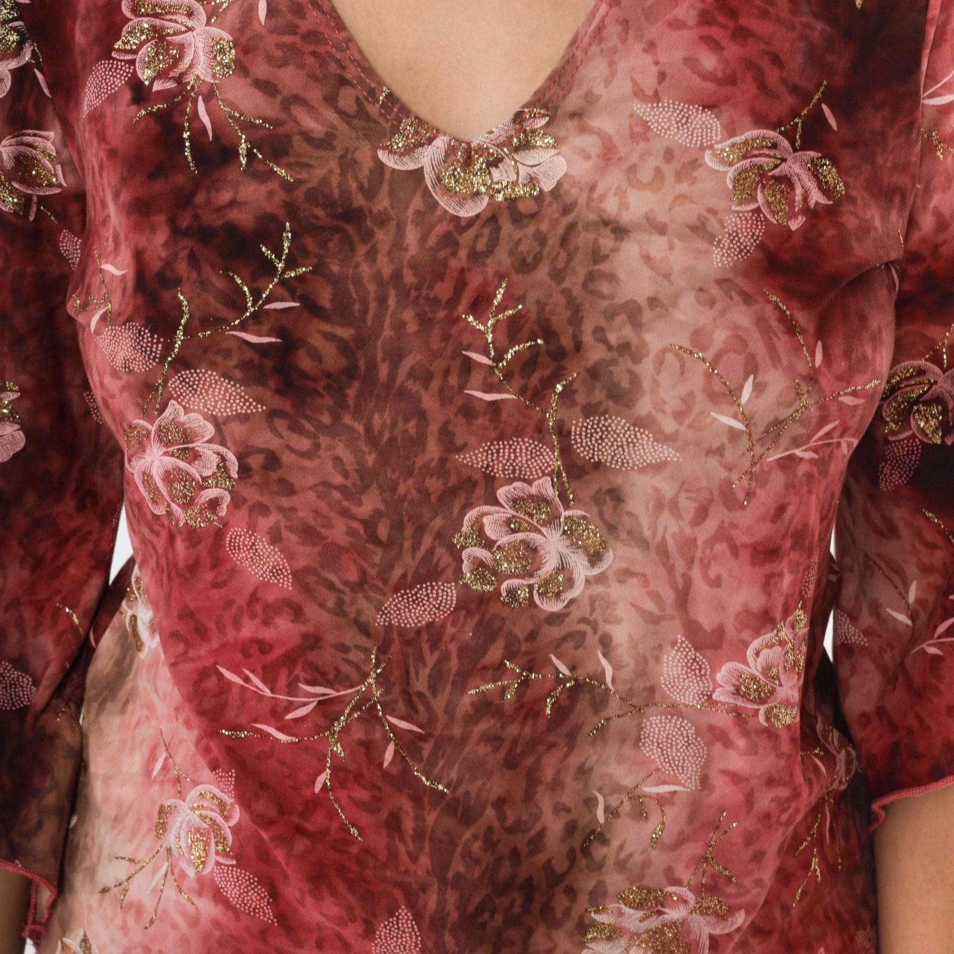 Y2K Bell Sleeve Blouse Floral Metallic Leopard Print Pink Brown Medium M