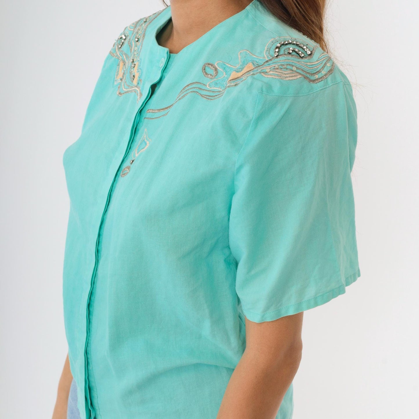 90s Aqua Sequin Rhinestone Embroidered Button Up Blouse Short Sleeve Medium M