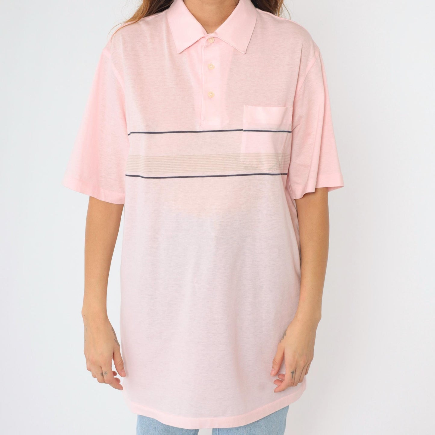 90s Career Club Striped Polo Shirt Pink Men's Extra Large Tall