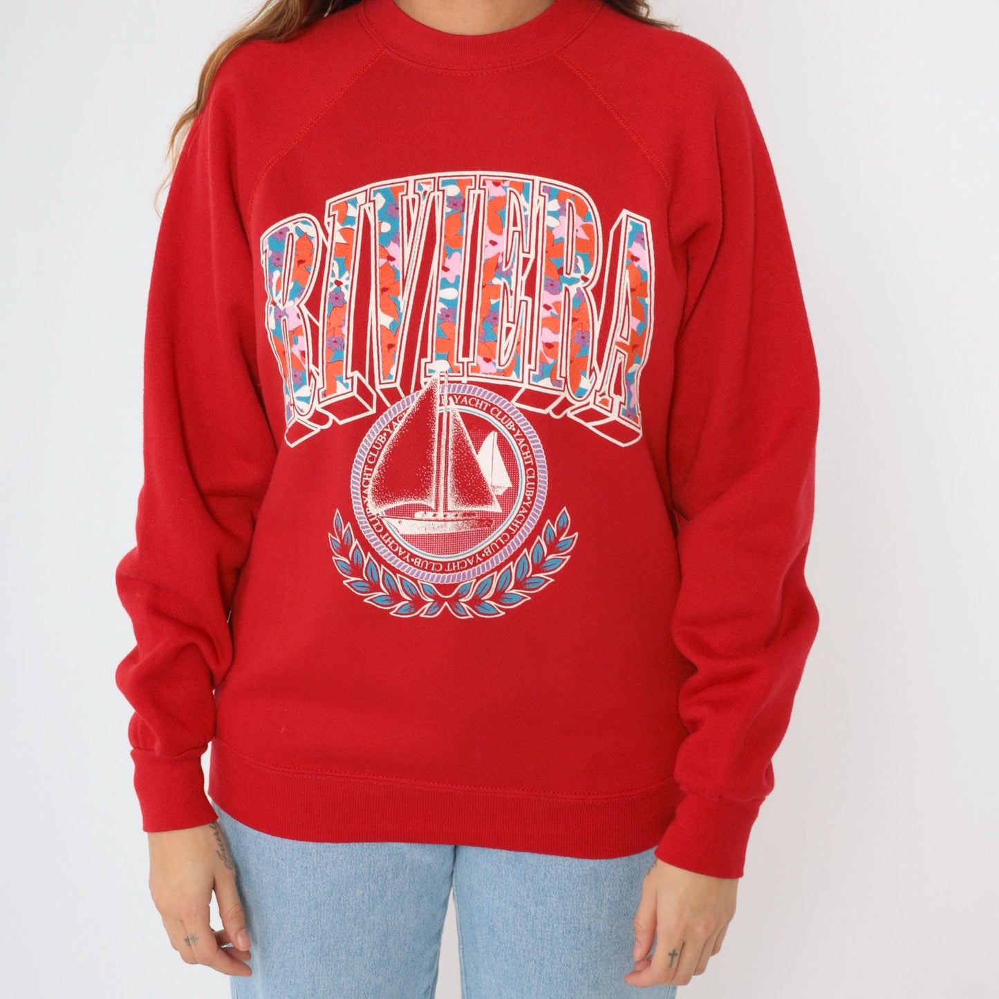 90s Riviera Yacht Club Sailboat Sweatshirt Red Raglan Crewneck Medium