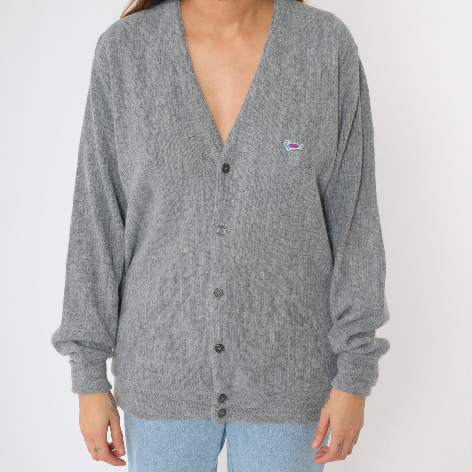 80s The Turtle Sweater Grey Cardigan V-Neck Button-Up Large