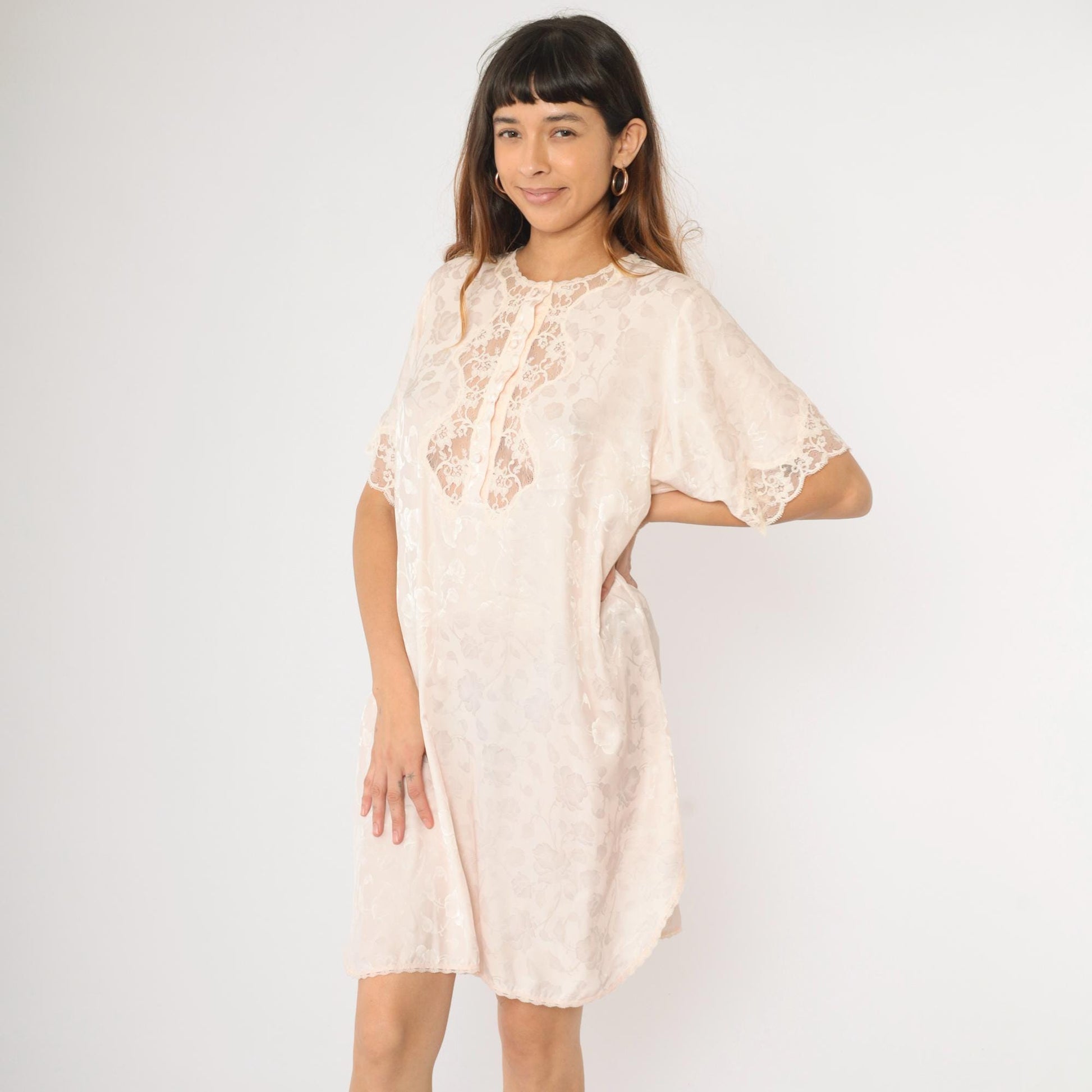 90s Barbizon Baby Pink Floral Embossed Nightgown Lace Trim Mini Large L