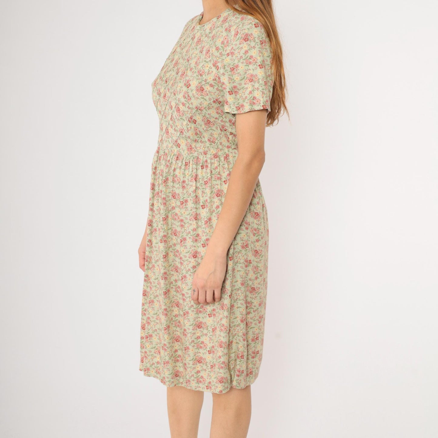 90s Betsy Lauren Petites Floral Midi Dress Pastel Green Pink Pintuck Small