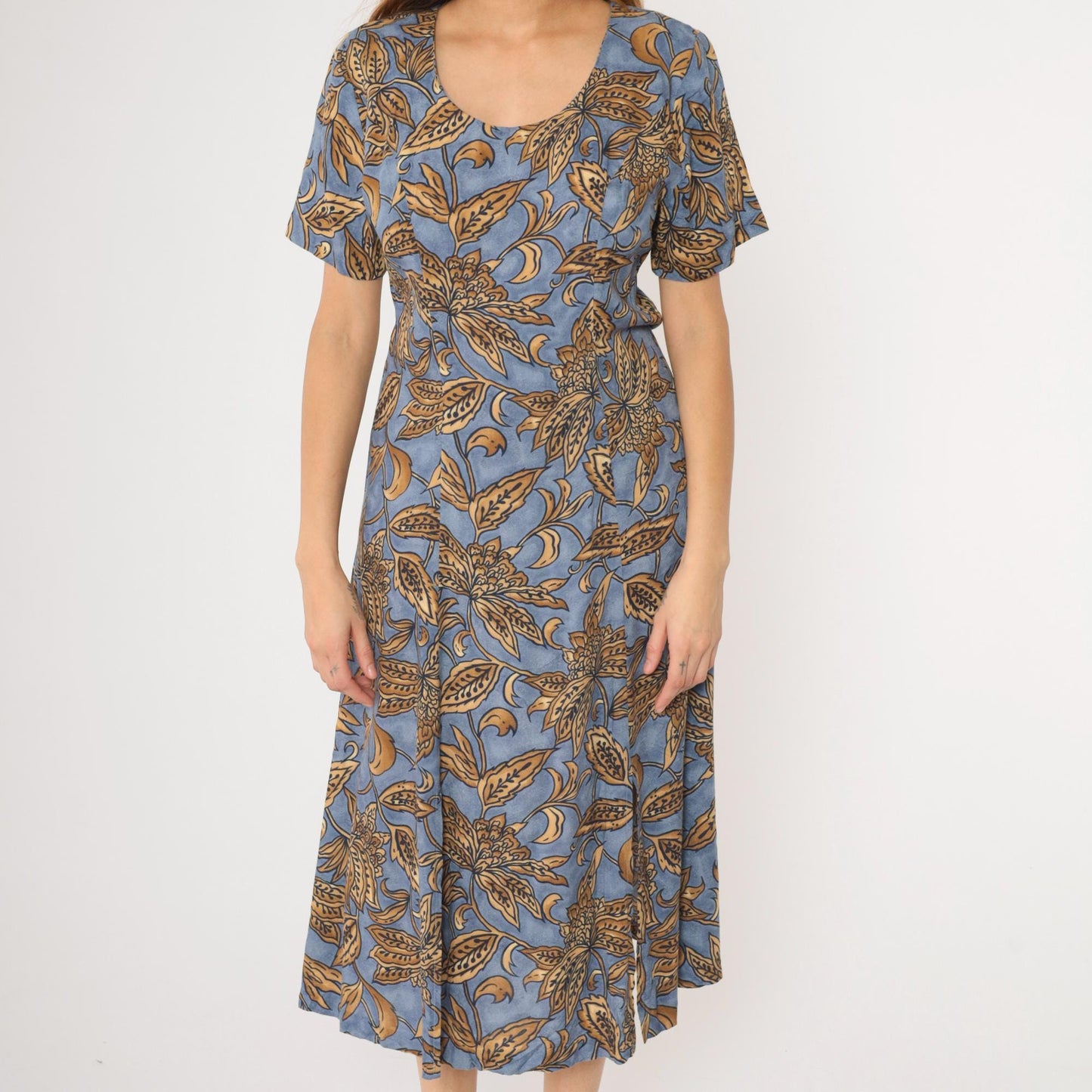90s Caroline Wells Collection Floral Midi Dress Blue Gold A-Line Medium M