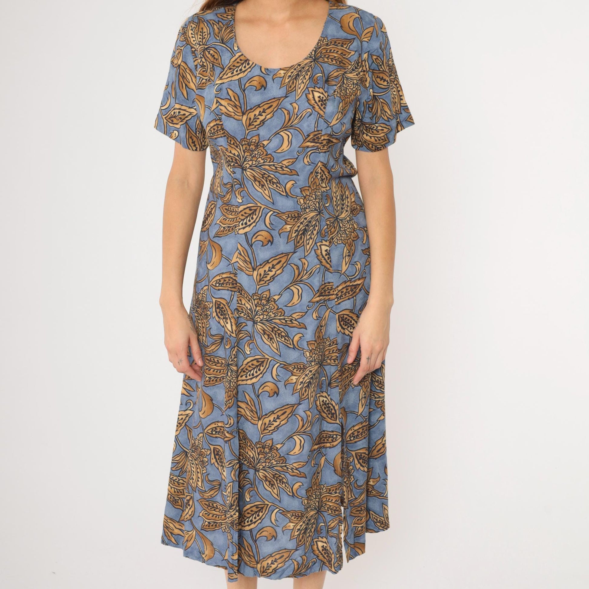 90s Caroline Wells Collection Floral Midi Dress Blue Gold A-Line Medium M