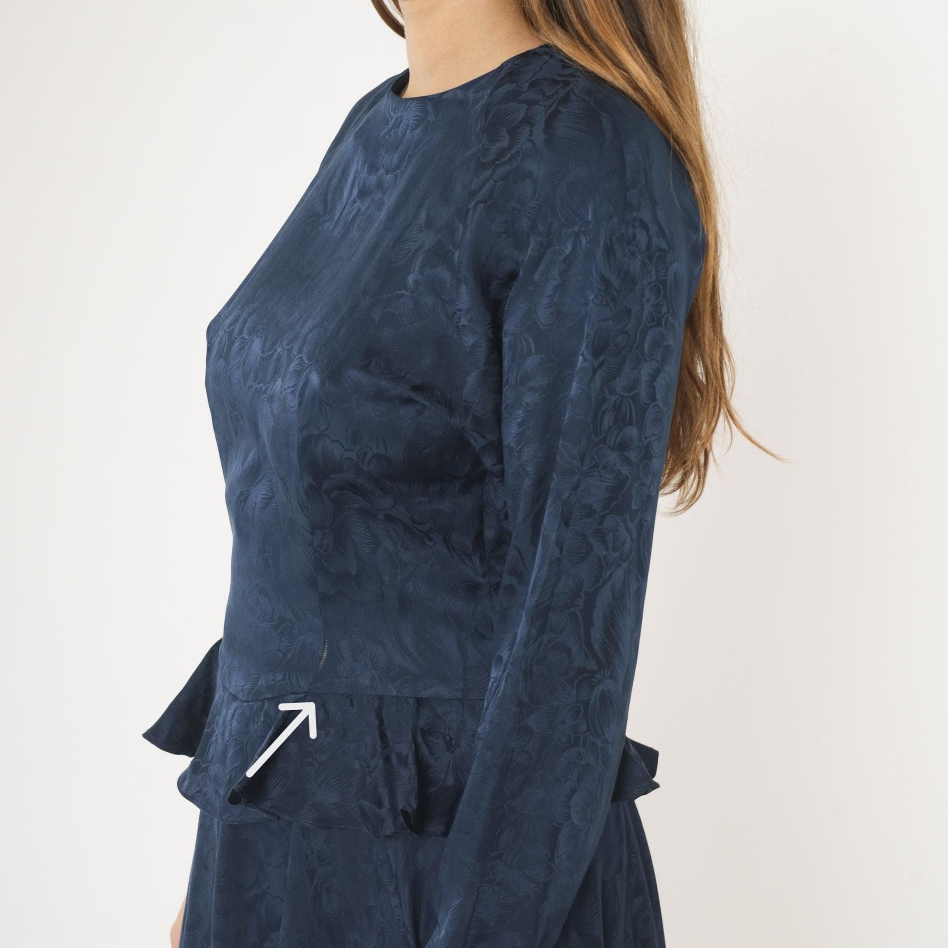 90s Argenti Navy Silk Midi Dress Floral Jacquard Peplum Raglan Medium M