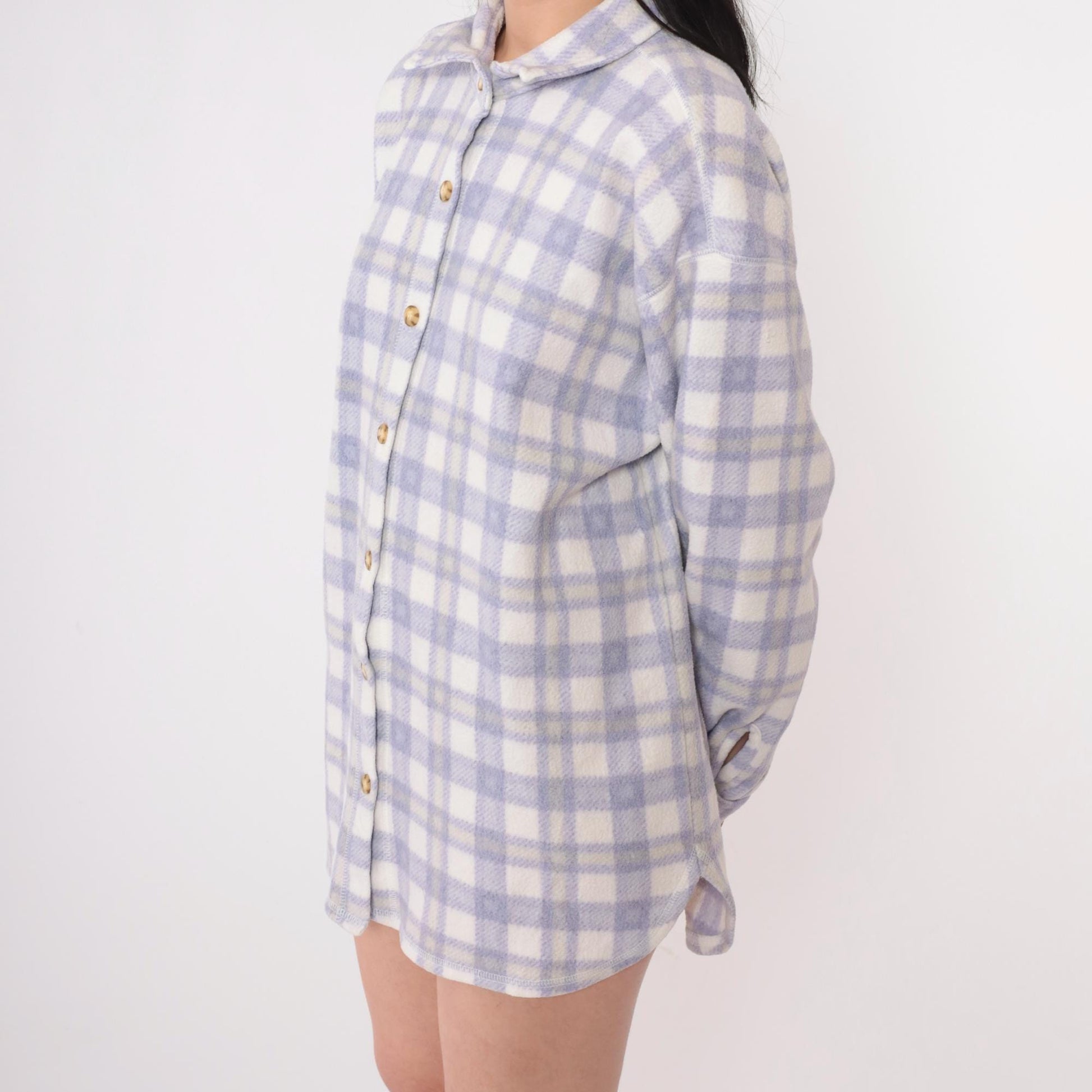 90s Cherokee Plaid Fleece Shirt Jacket Purple White Button Up Large