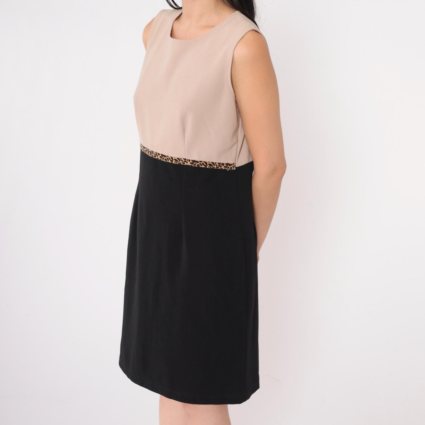 90s Ronni Nicole Petite Color Block Mini Dress Leopard Trim Beige Black Medium