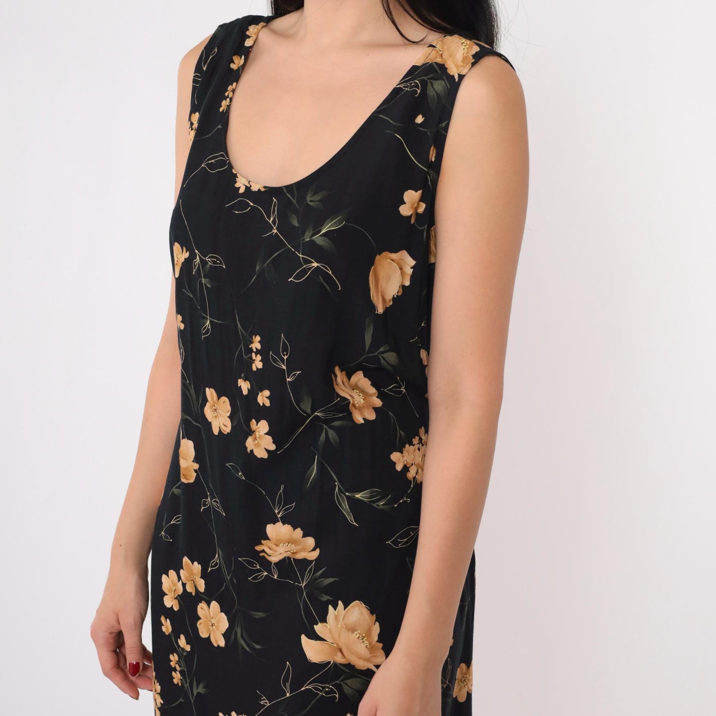 90s Black Floral Maxi Sundress Y2K Gold Print Sleeveless Scoop Neck Side Slit 16W
