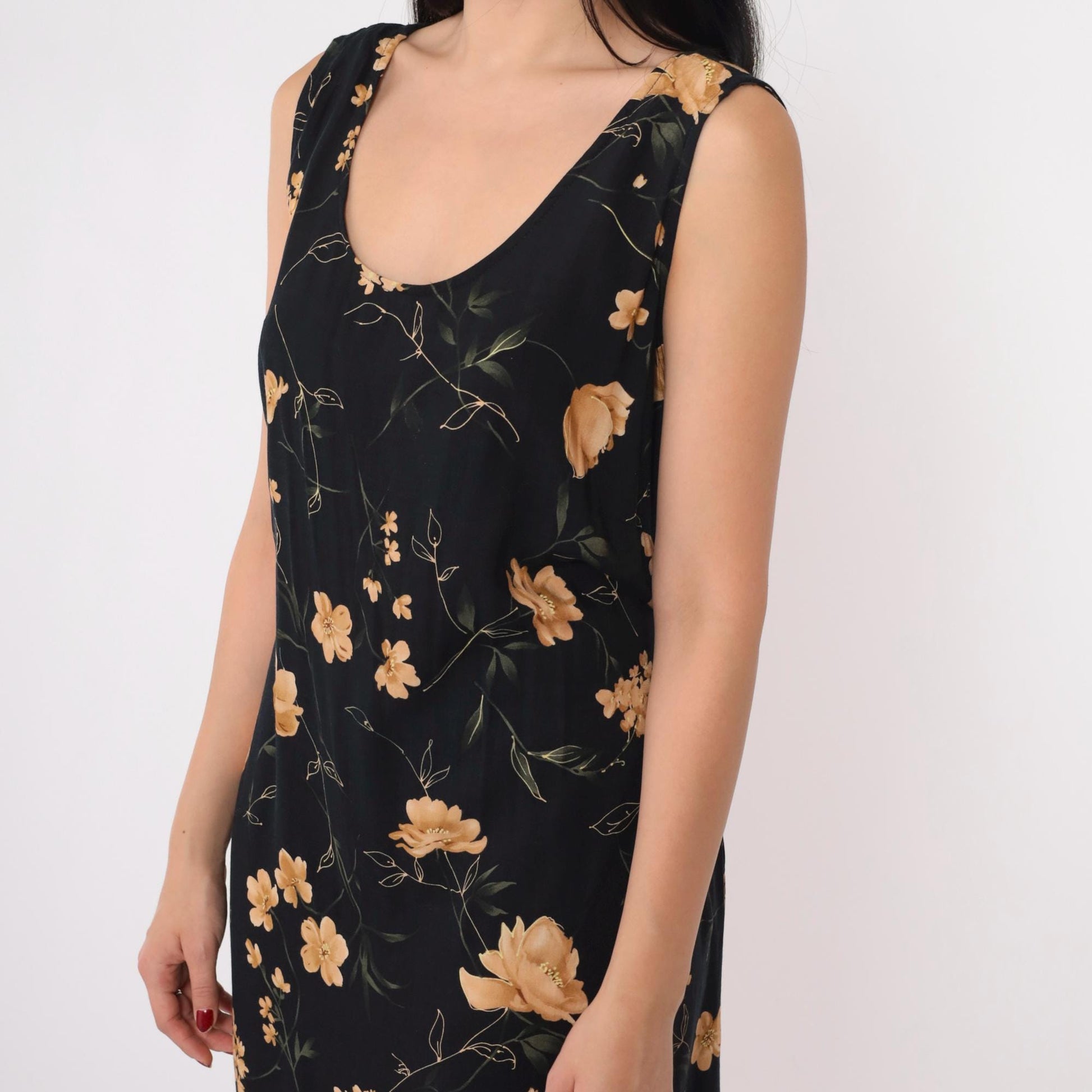 90s Black Floral Maxi Sundress Y2K Gold Print Sleeveless Scoop Neck Side Slit 16W