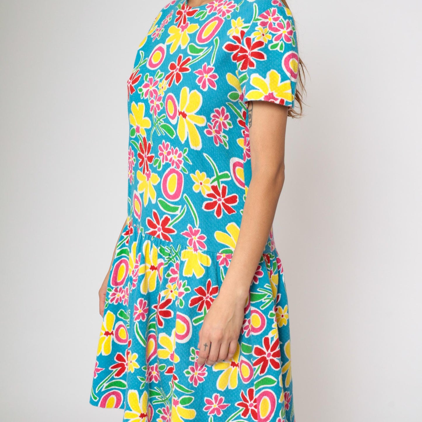 90s Adrienne Vittadini Floral Dress Drop Waist Knee Length Cotton Medium