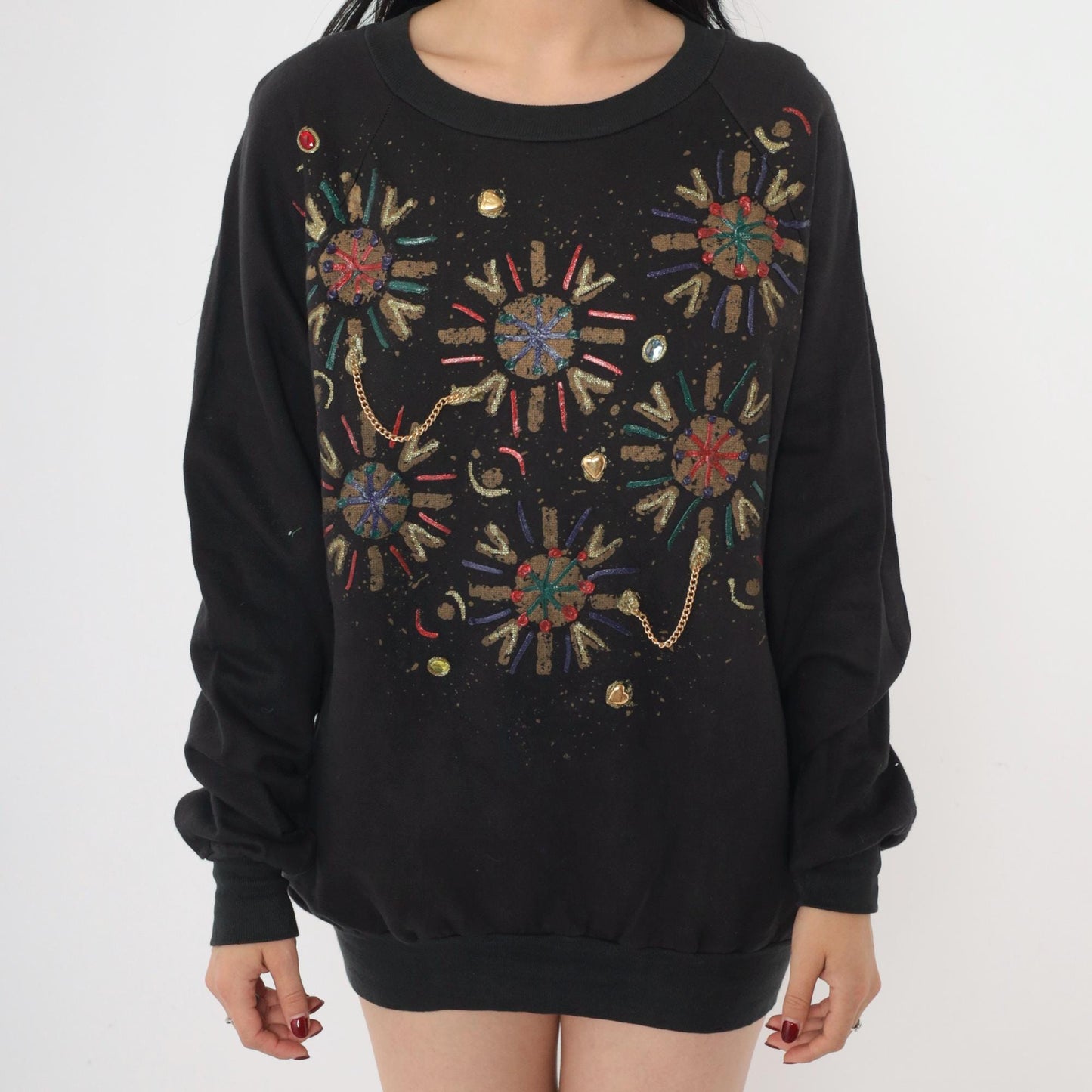 90s Hand Painted Beaded Geometric Sweatshirt Black Raglan Crewneck Medium M