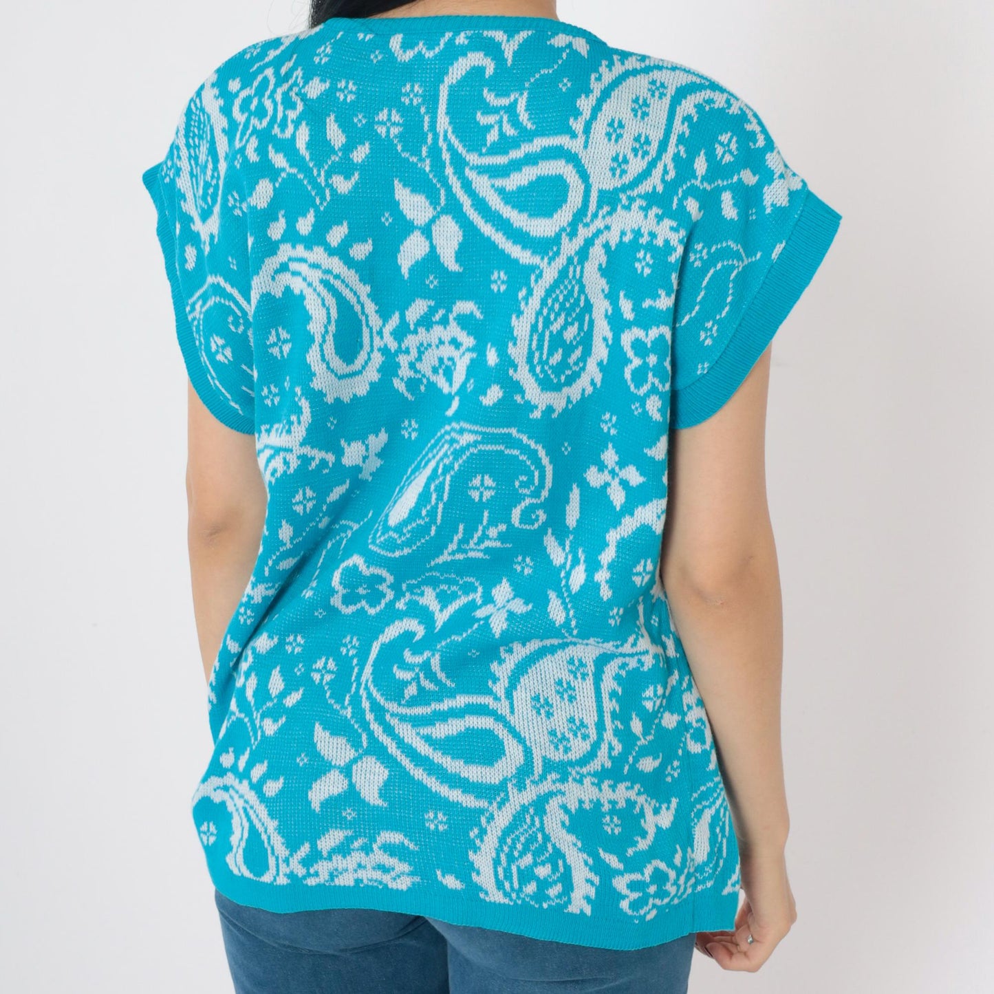 80s Blue Paisley Floral Knit Sweater Top Short Sleeve Medium M
